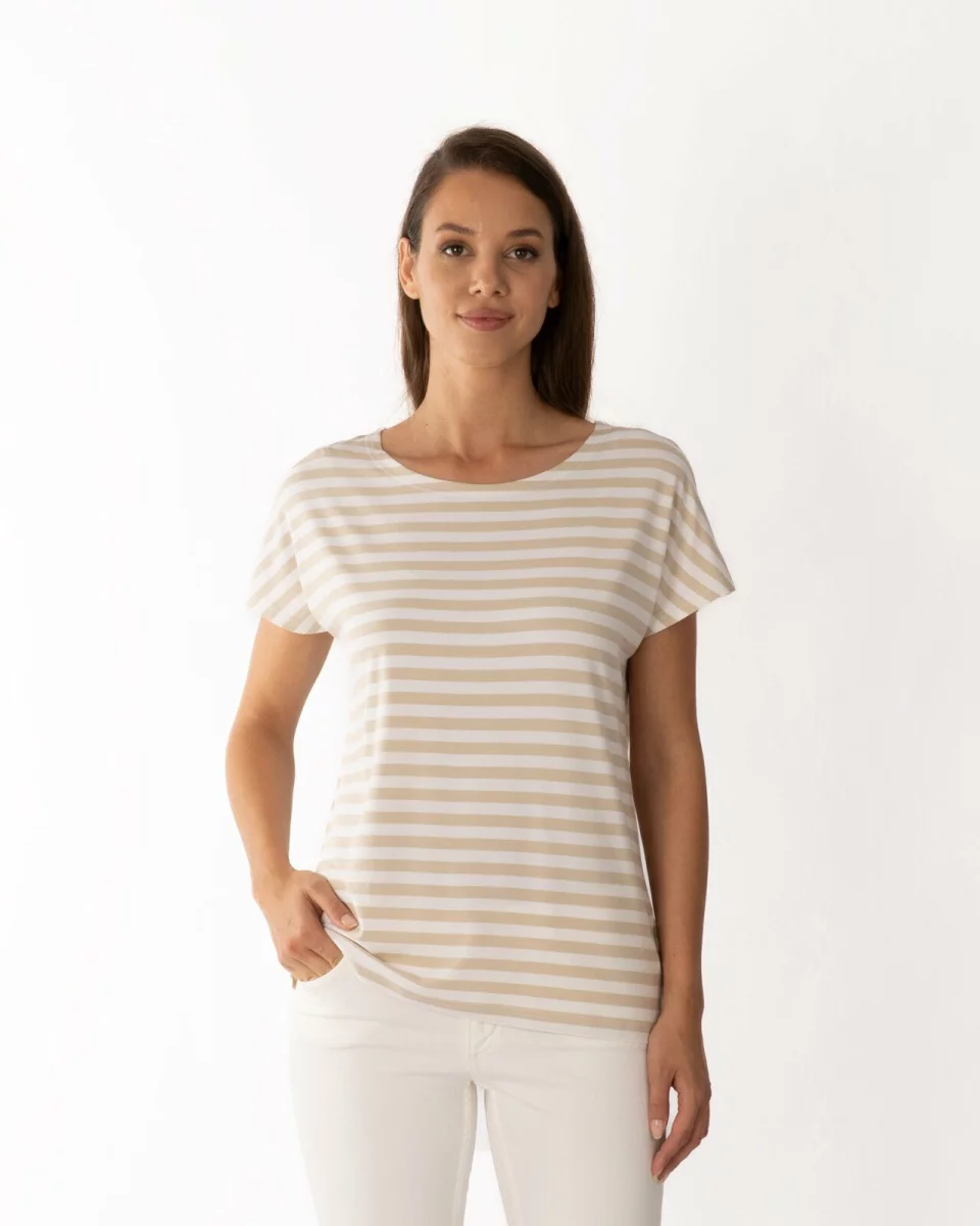 Tricou vâscoză elastan cu dungi bej
