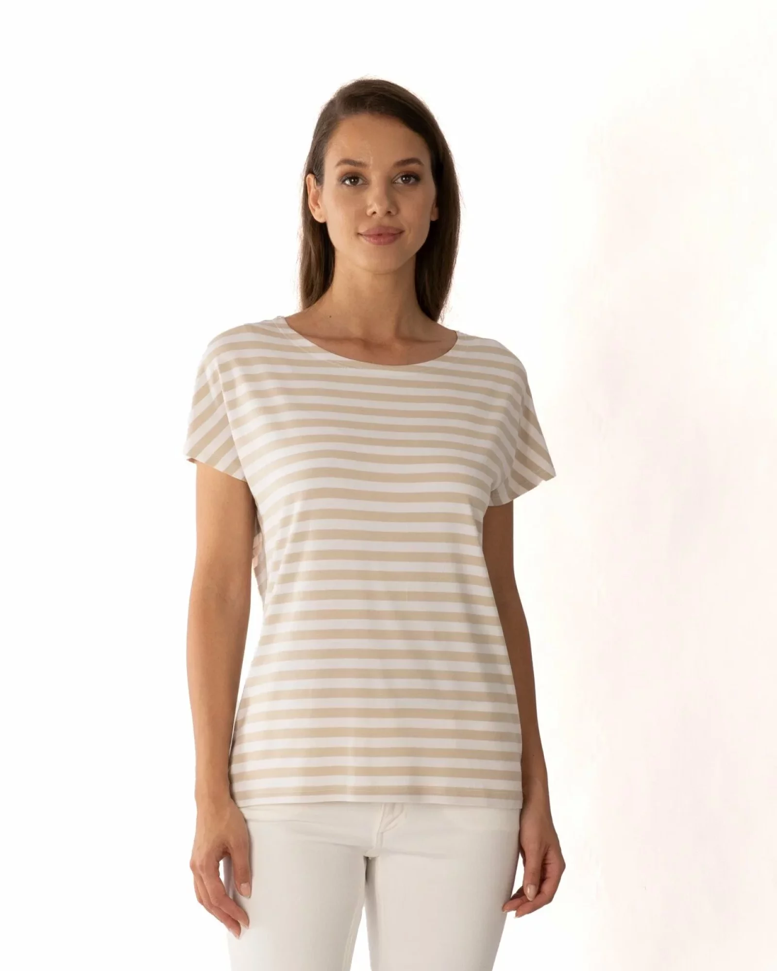 Tricou vâscoză elastan cu dungi bej