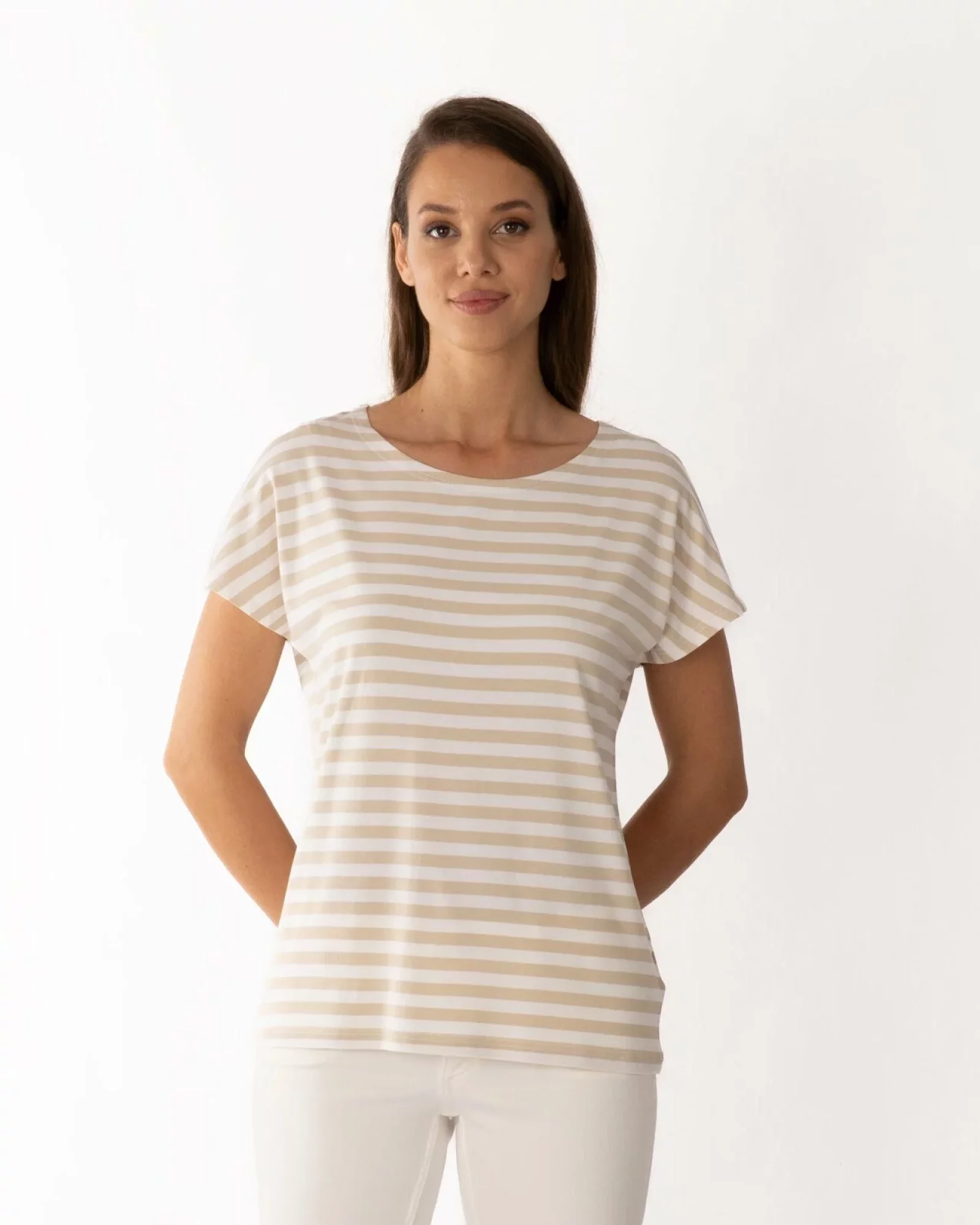 Tricou vâscoză elastan cu dungi bej