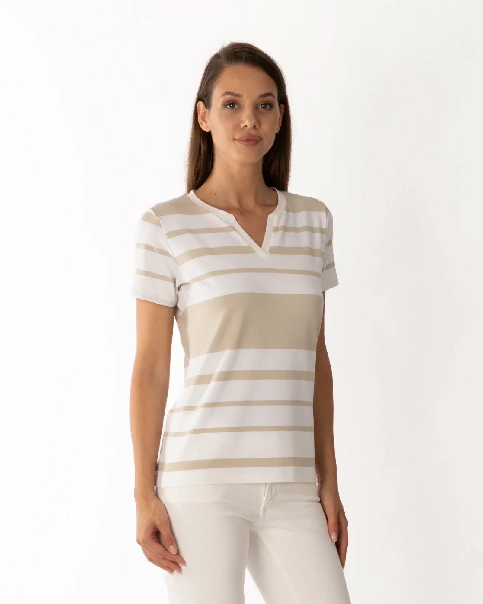 Tricou vâscoză elastan dungi cu decolteu V
