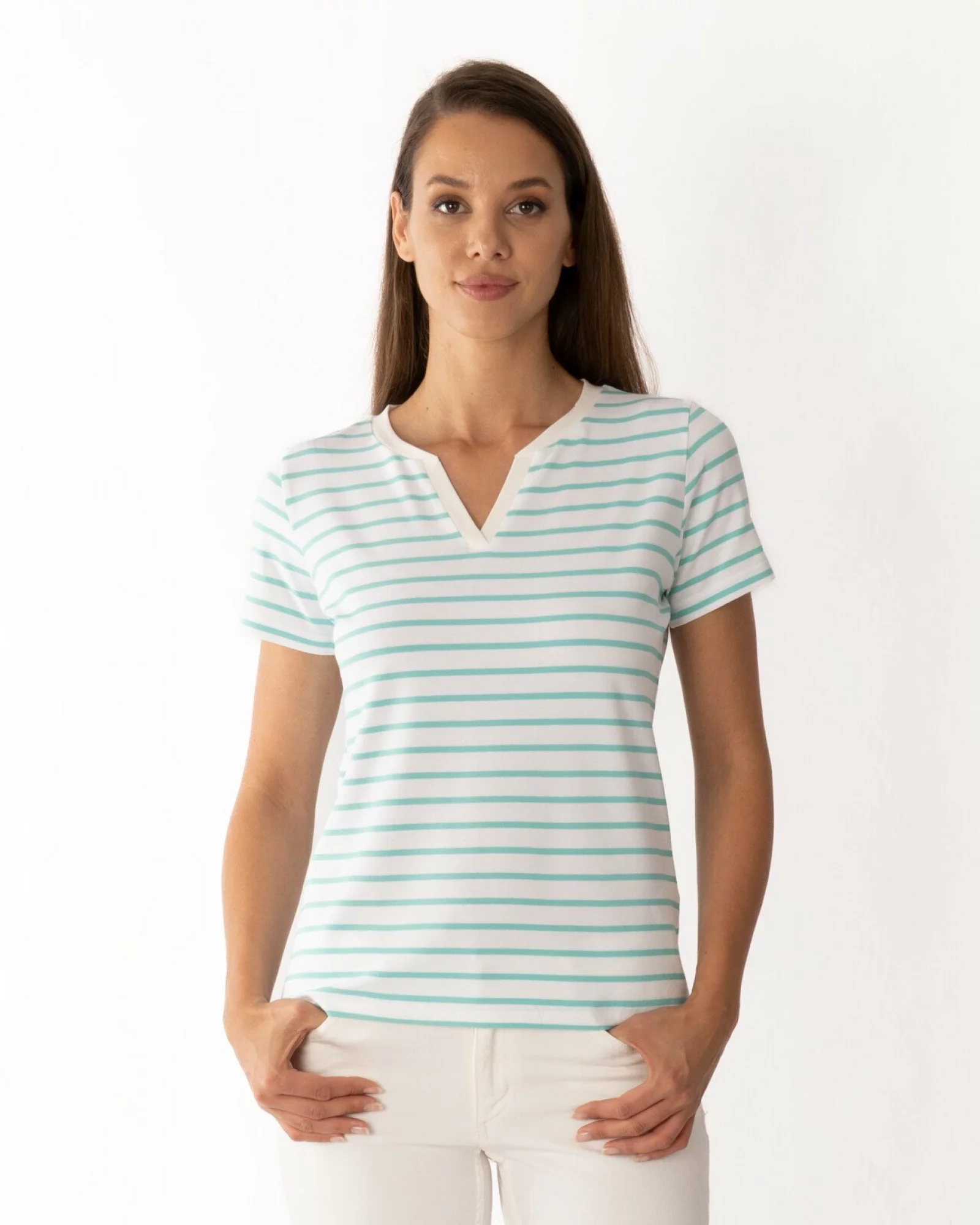 Tricou vâscoză elastan dungi cu decolteu V