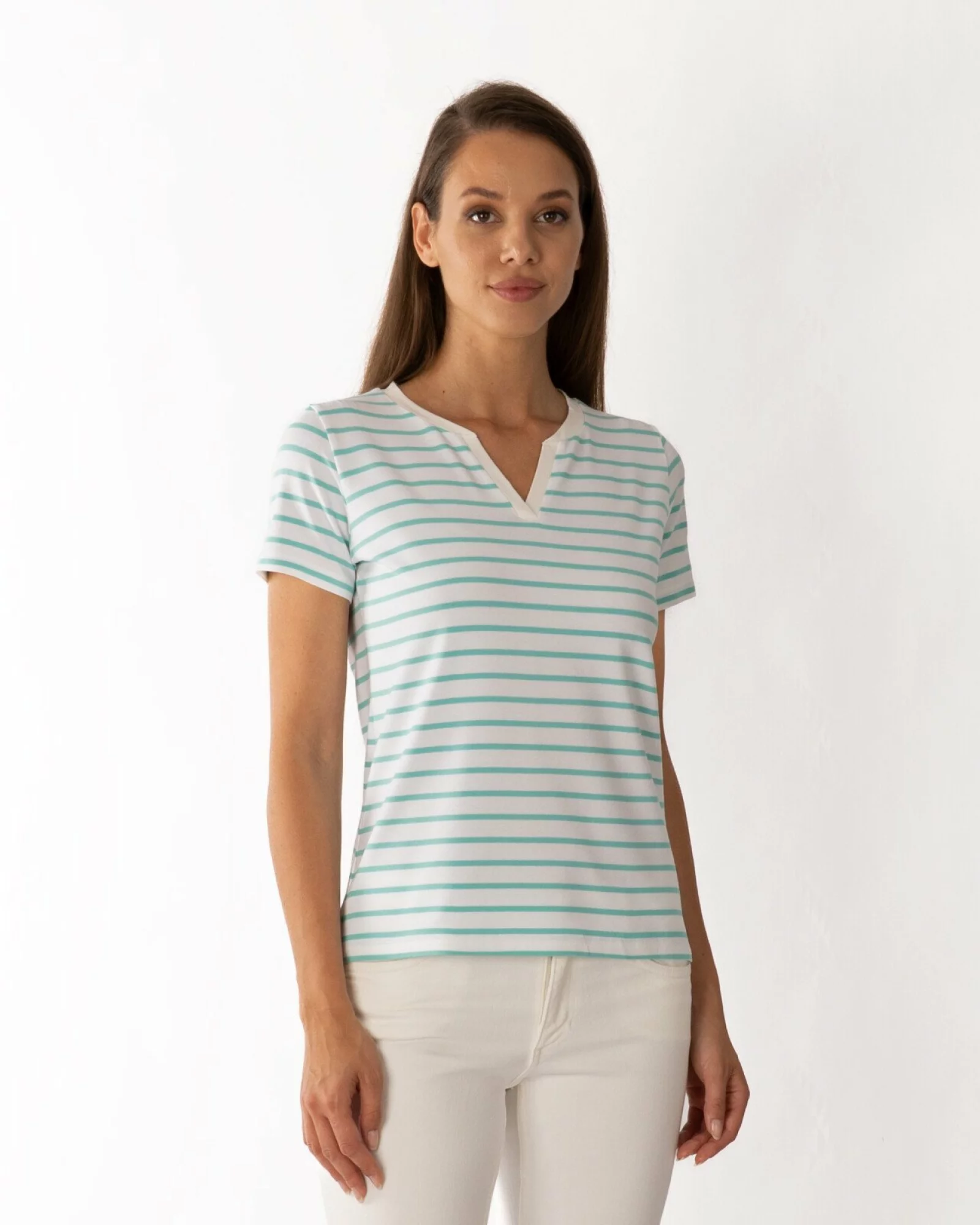 Tricou vâscoză elastan dungi cu decolteu V