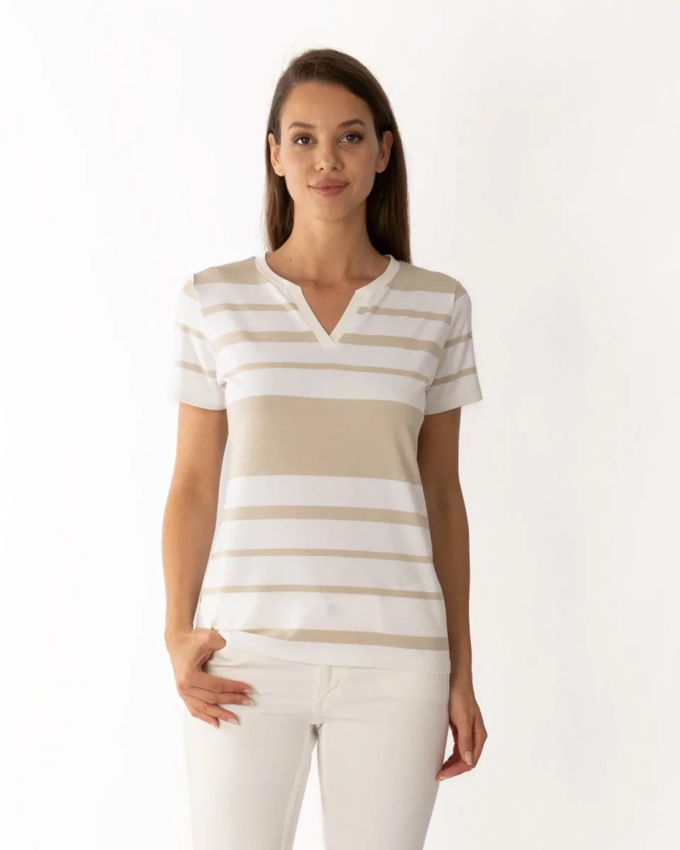 Tricou vâscoză elastan dungi cu decolteu V