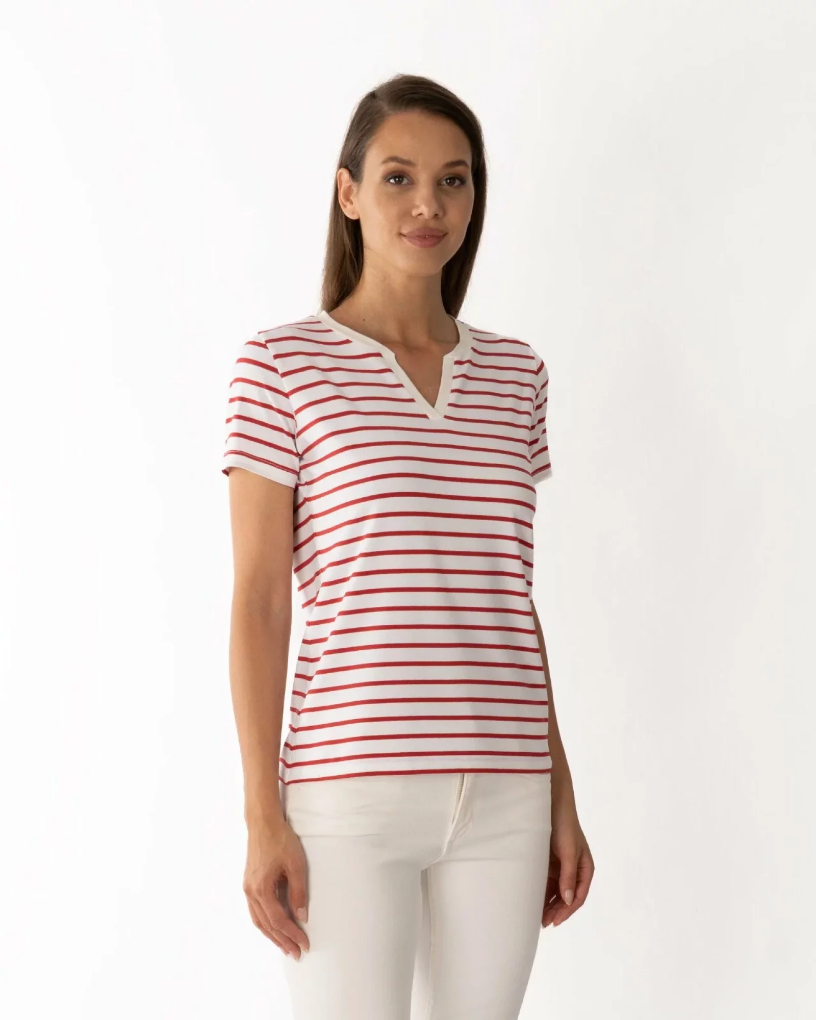 Tricou vișiniu vâscoză elastan dungi cu decolteu V