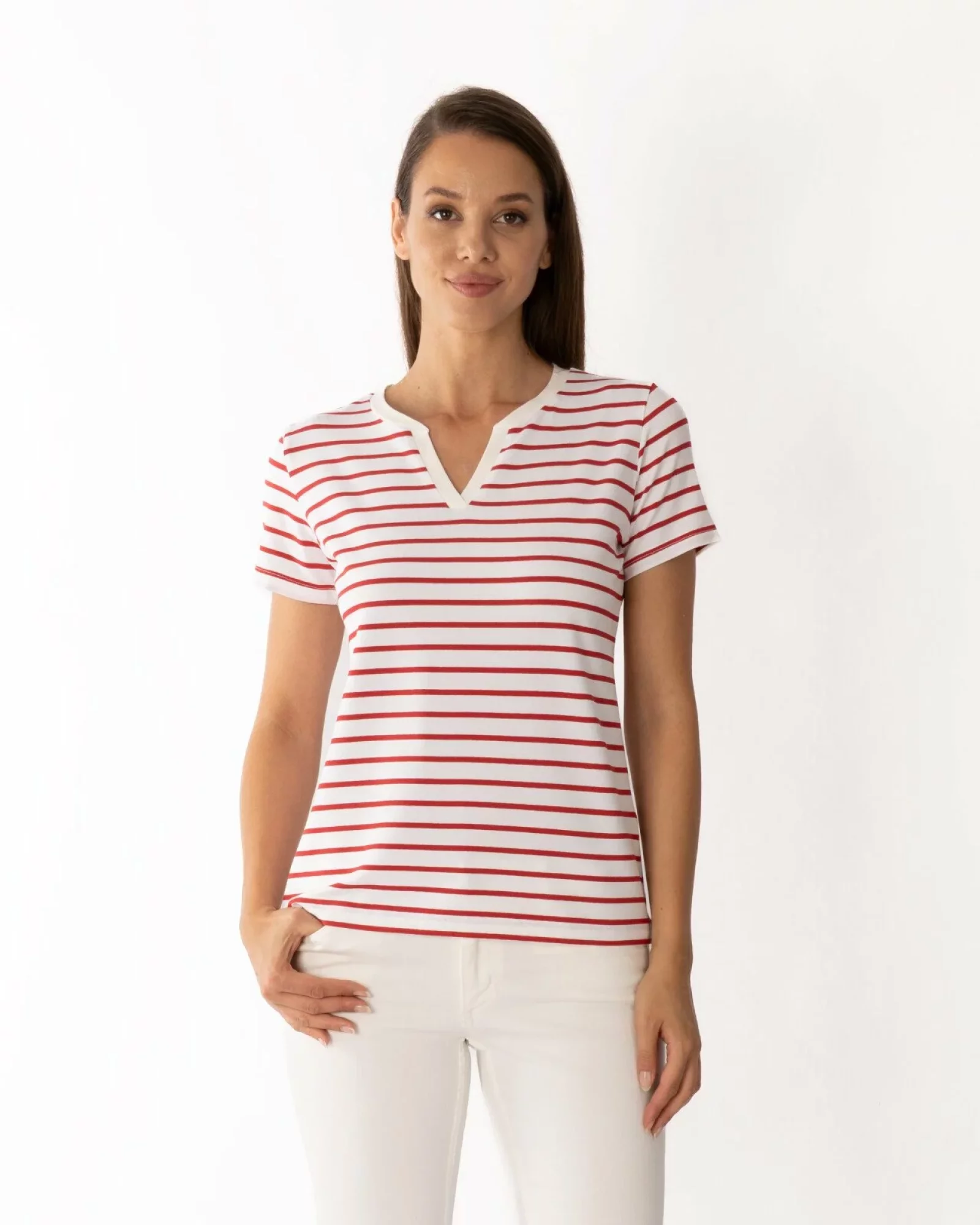 Tricou vișiniu vâscoză elastan dungi cu decolteu V