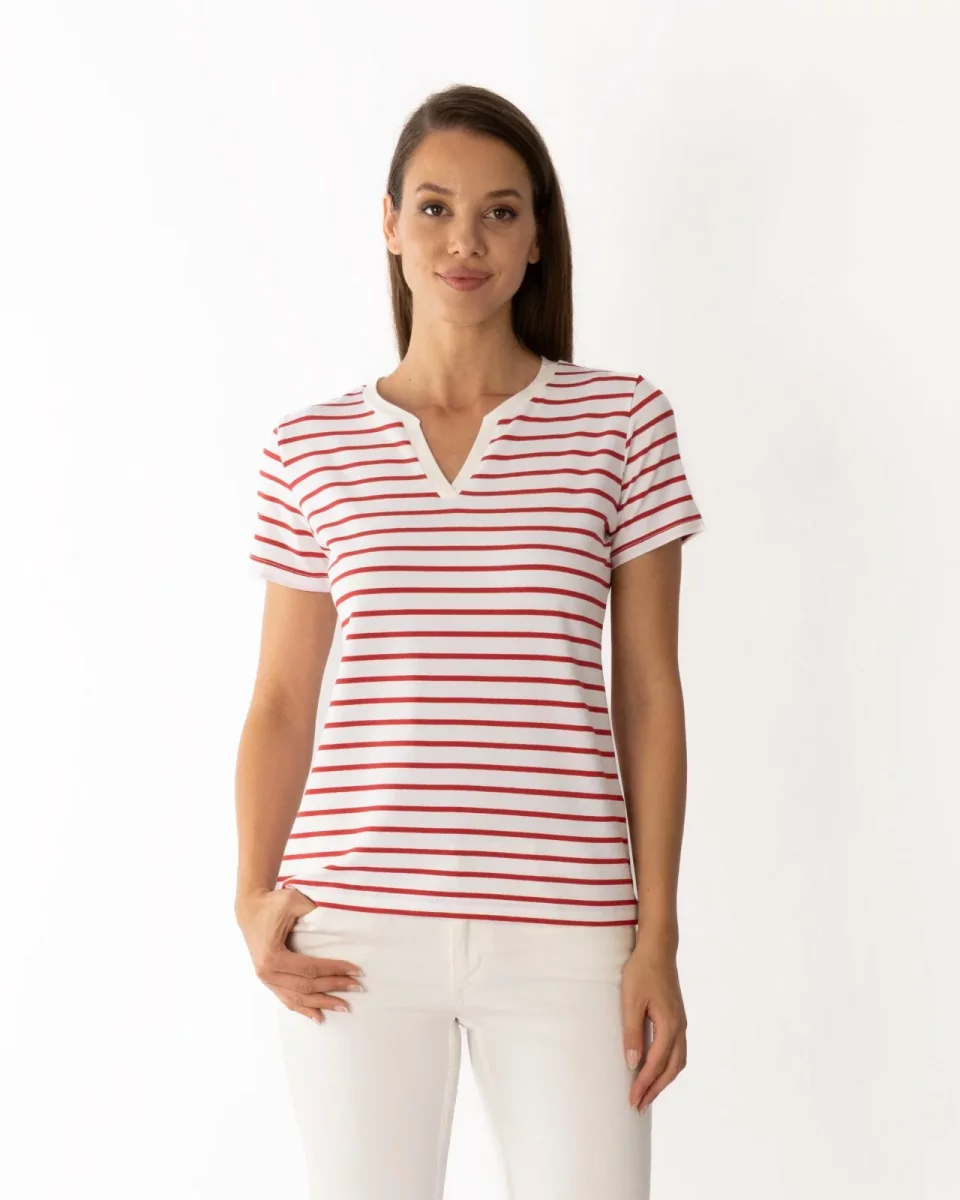 Tricou vișiniu vâscoză elastan dungi cu decolteu V