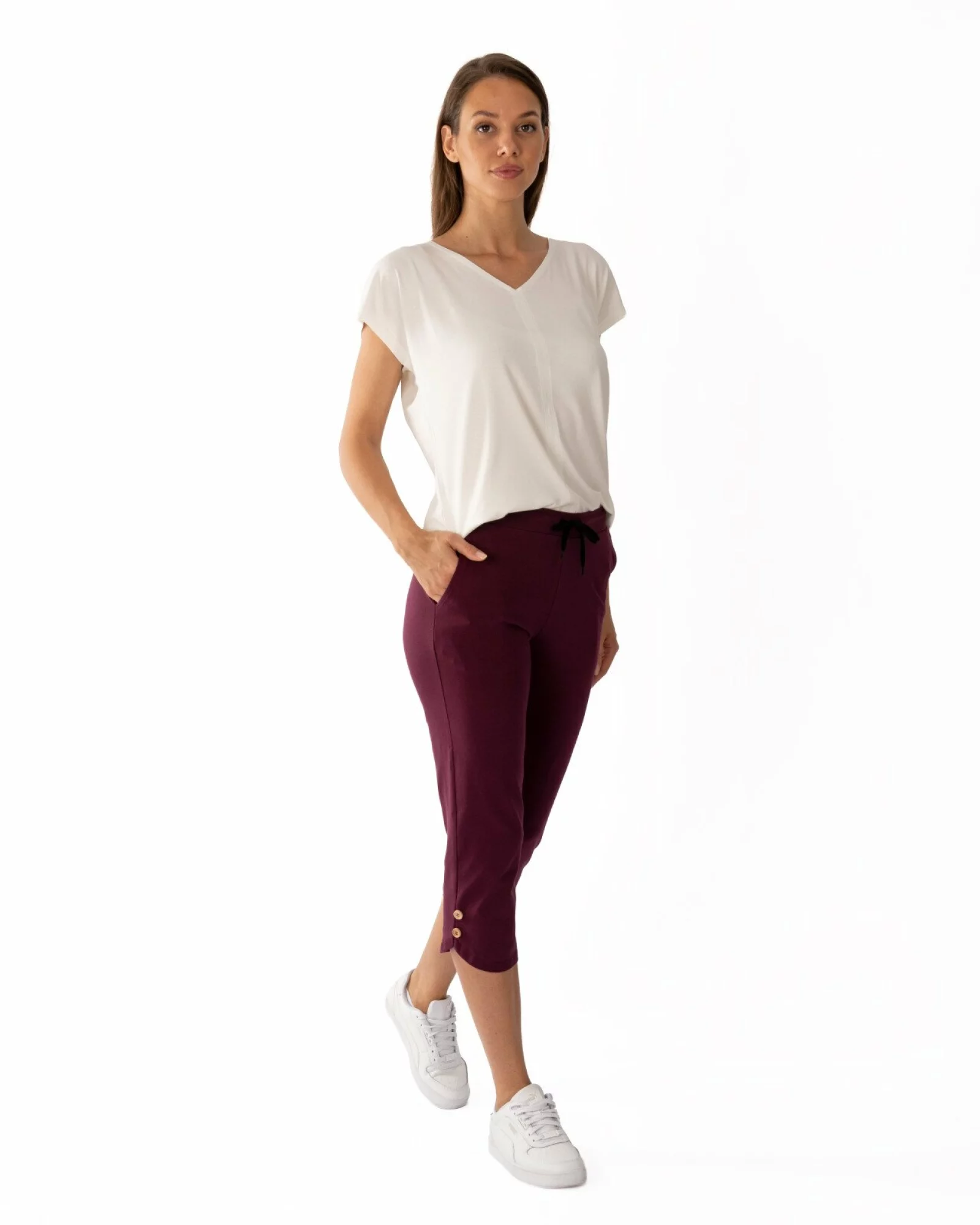 Pantaloni mov prună 3/4 nasturi laterali