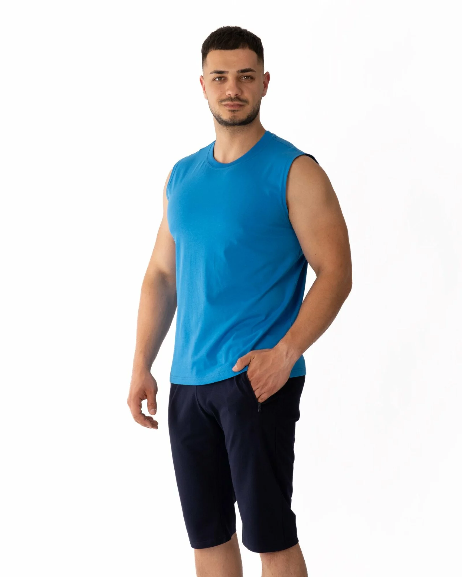 Tricou fără mâneci bărbați albastru bumbac