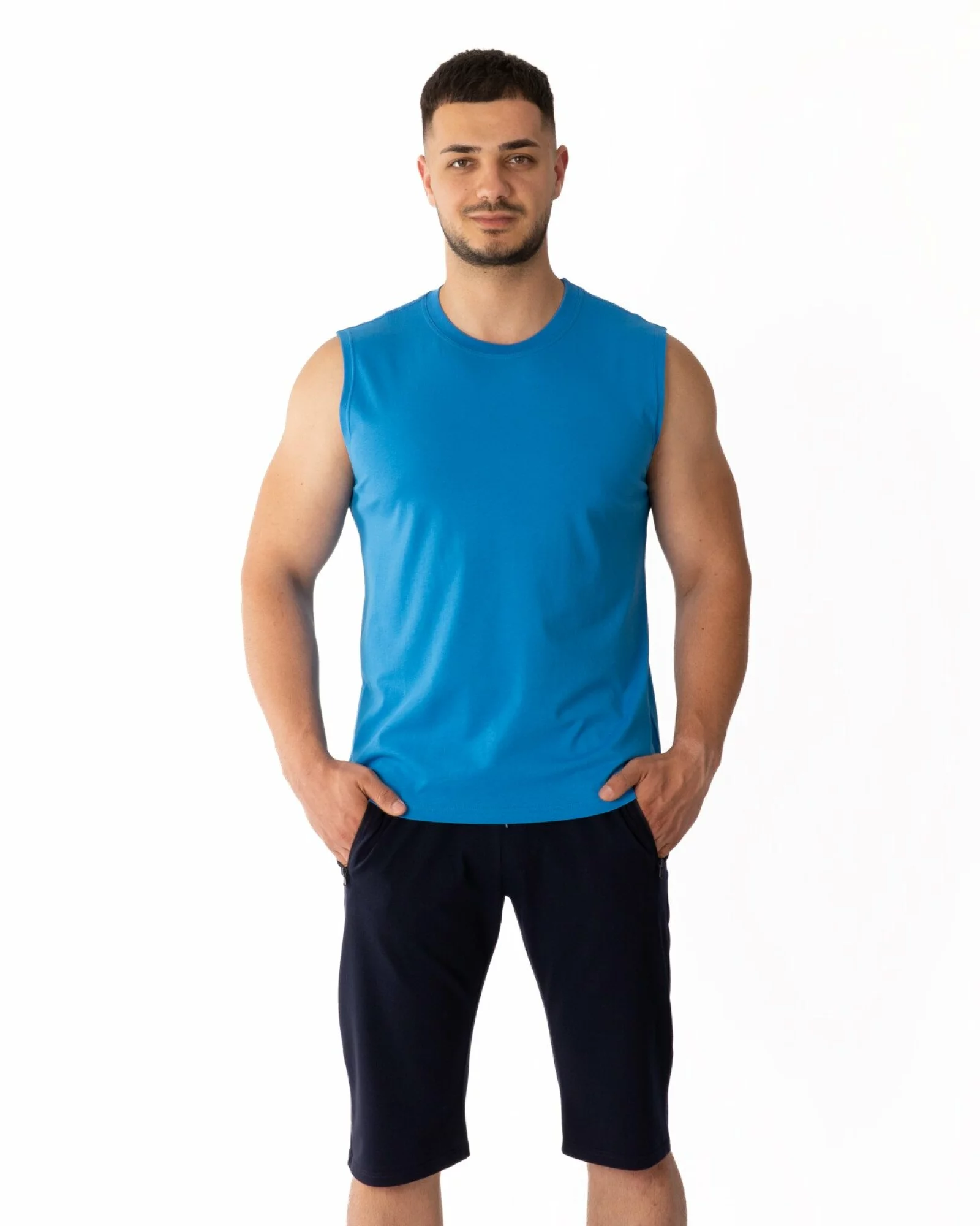 Tricou fără mâneci bărbați albastru bumbac