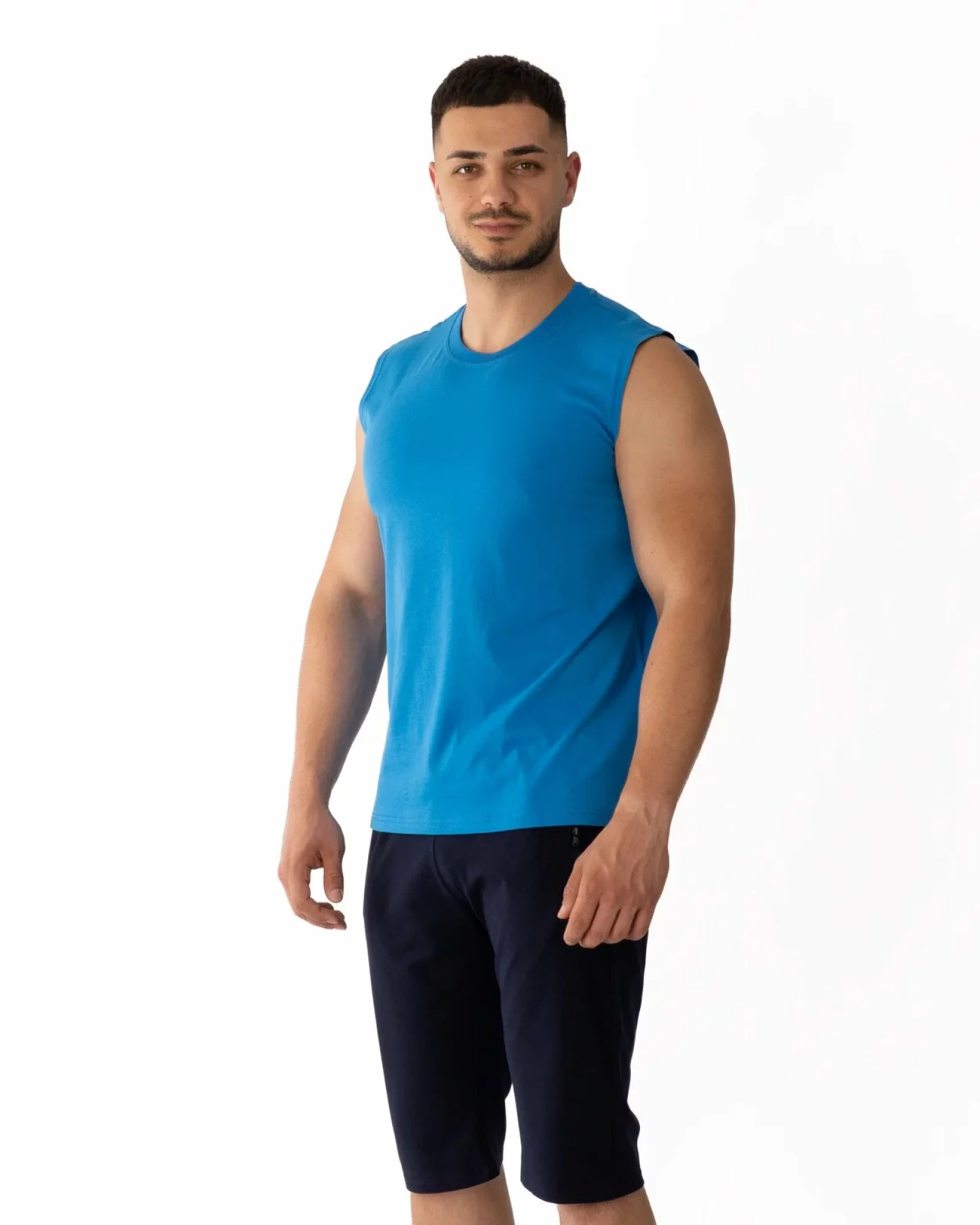 Tricou fără mâneci bărbați albastru bumbac