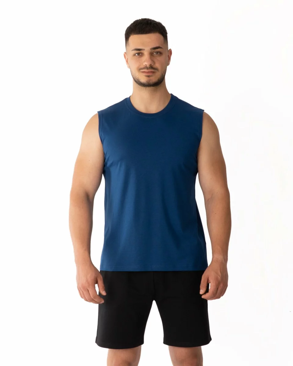 Tricou fără mâneci bărbați albastru petrol bumbac