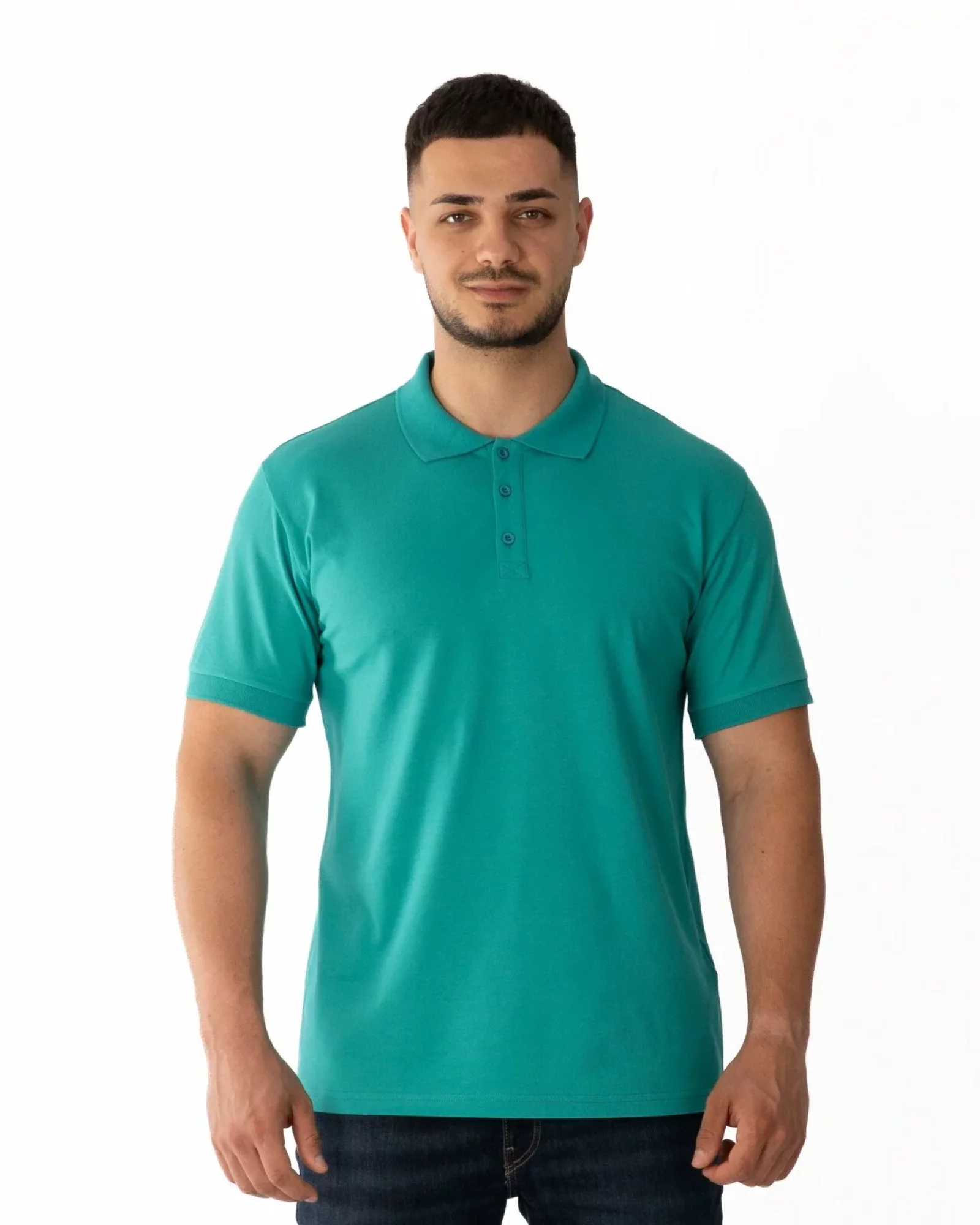 Tricou polo bărbați turcoaz, din bumbac piqué, cu inserție imprimată