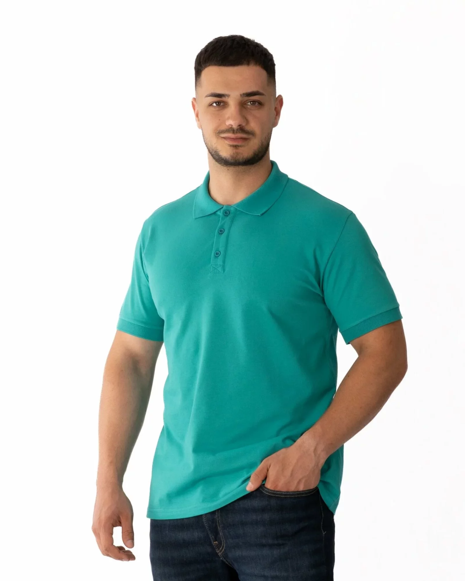 Tricou polo bărbați turcoaz, din bumbac piqué, cu inserție imprimată
