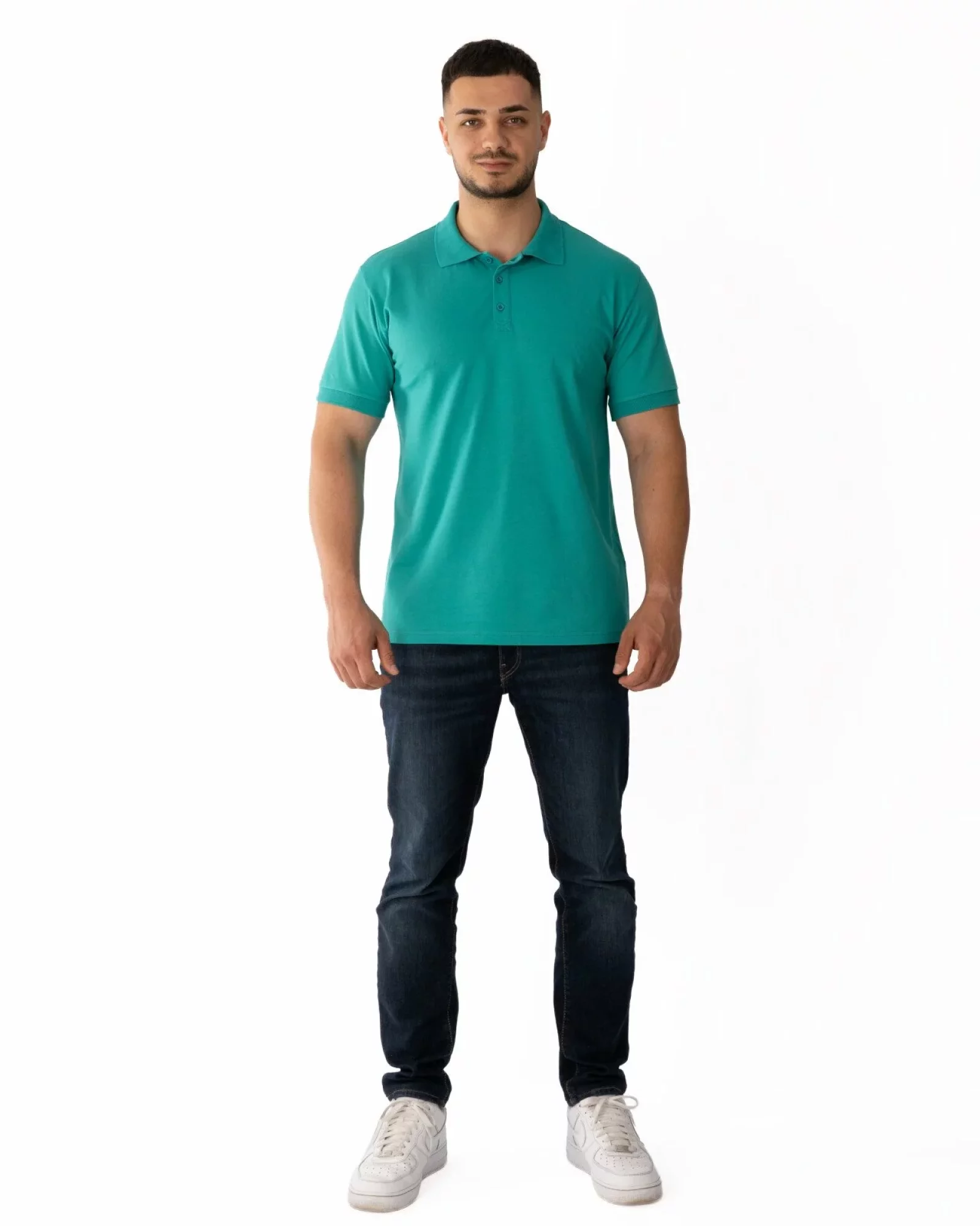 Tricou polo bărbați turcoaz, din bumbac piqué, cu inserție imprimată
