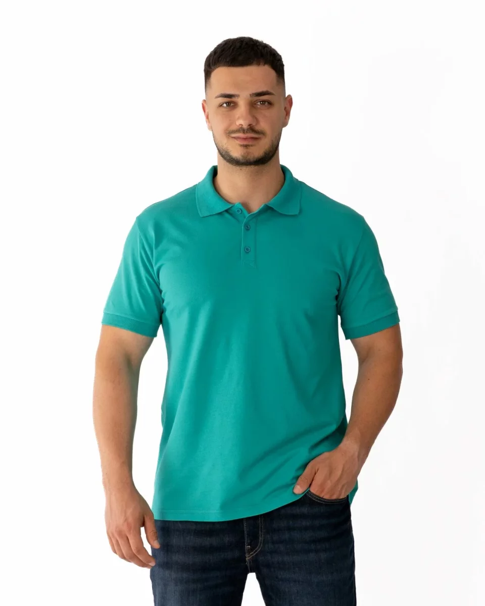 Tricou polo bărbați turcoaz, din bumbac piqué, cu inserție imprimată