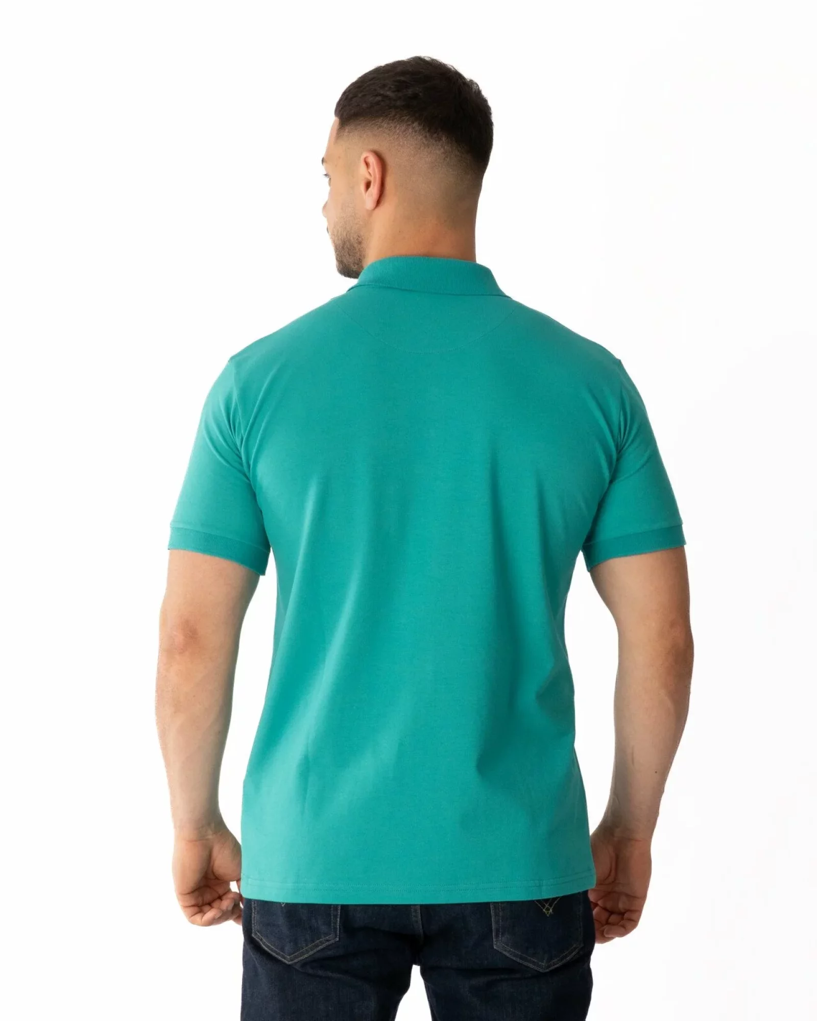 Tricou polo bărbați turcoaz, din bumbac piqué, cu inserție imprimată