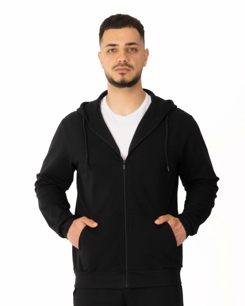 Hanorac negru cu glugă și fermoar