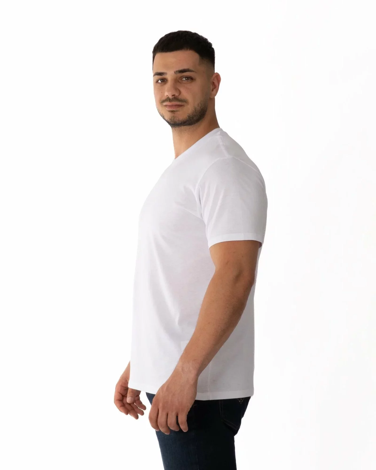 Tricou simplu bărbați alb din bumbac, decolteu în V