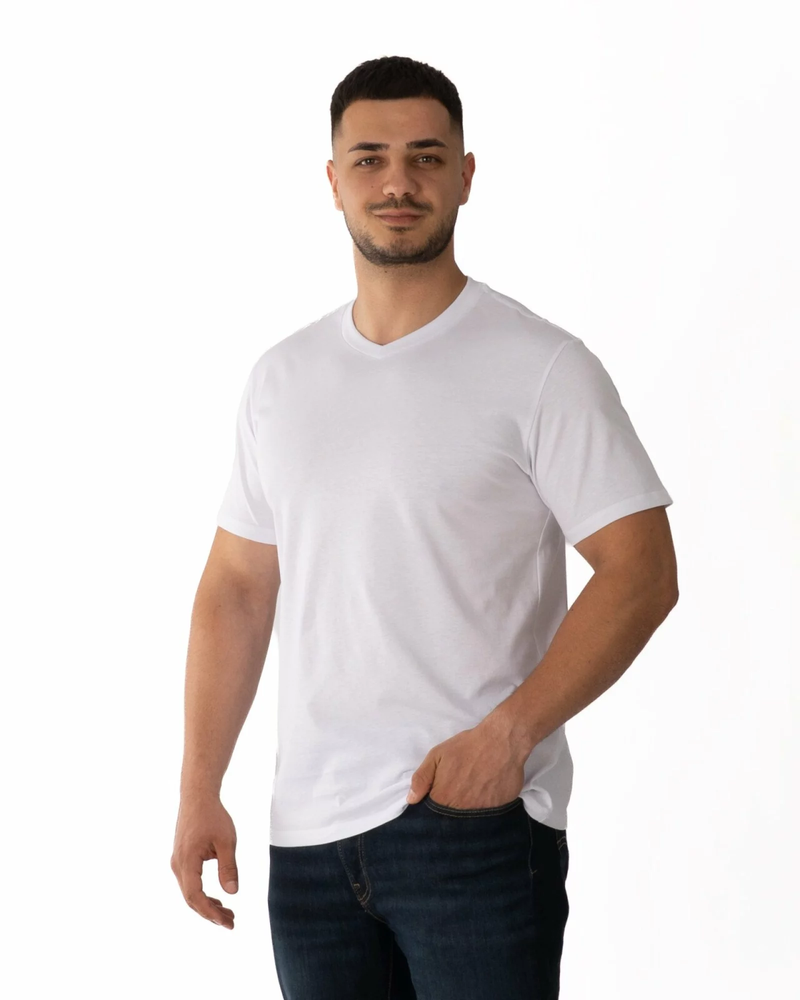 Tricou simplu bărbați alb din bumbac, decolteu în V