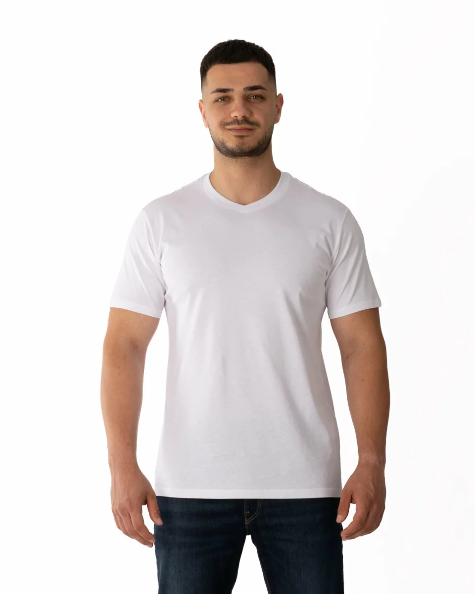Tricou simplu bărbați alb din bumbac, decolteu în V