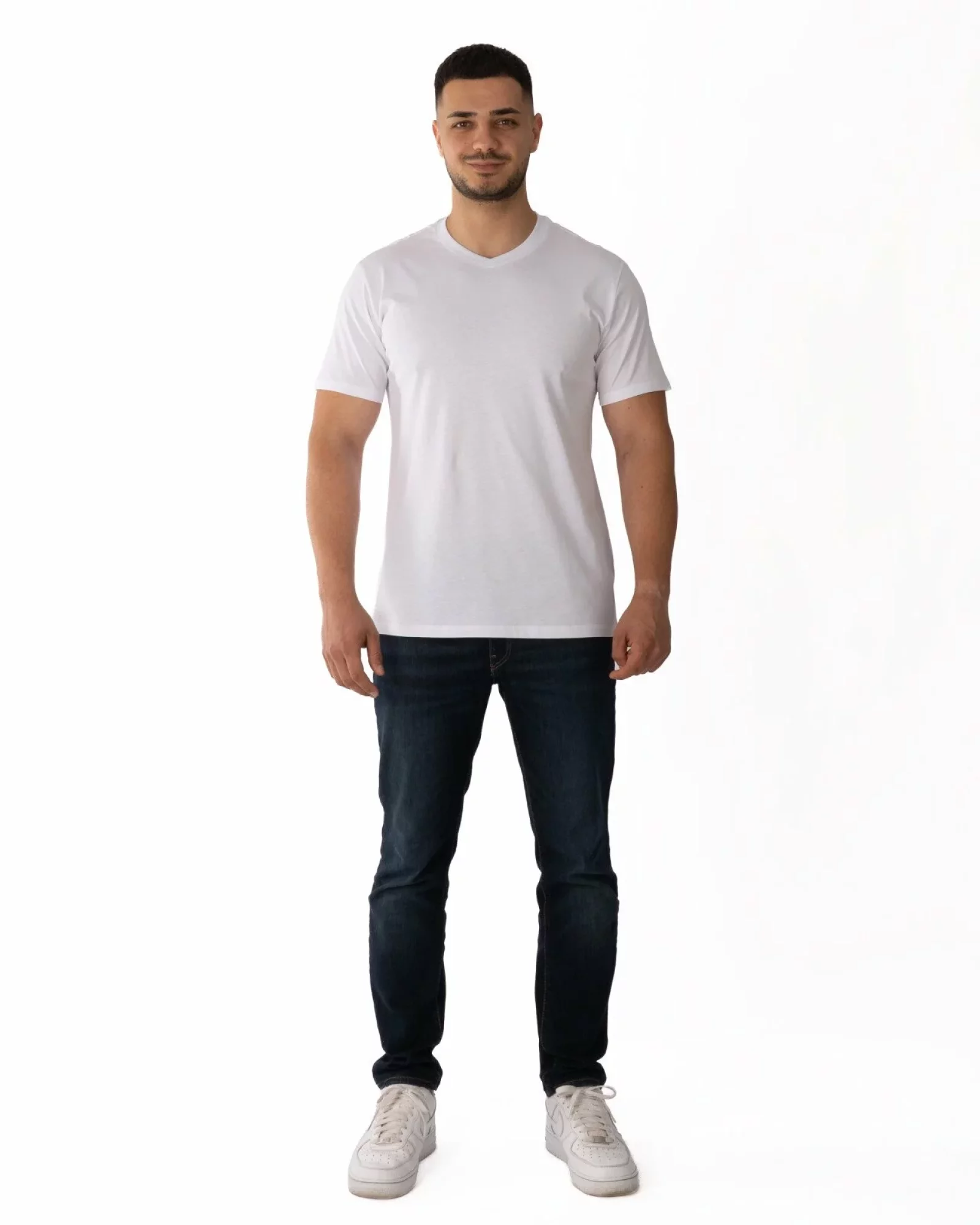Tricou simplu bărbați alb din bumbac, decolteu în V