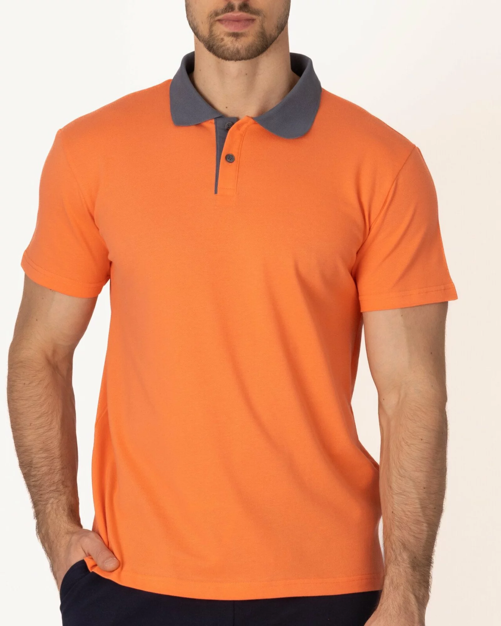Tricou polo simplu bărbați portocaliu, din bumbac piqué, detalii contrastante