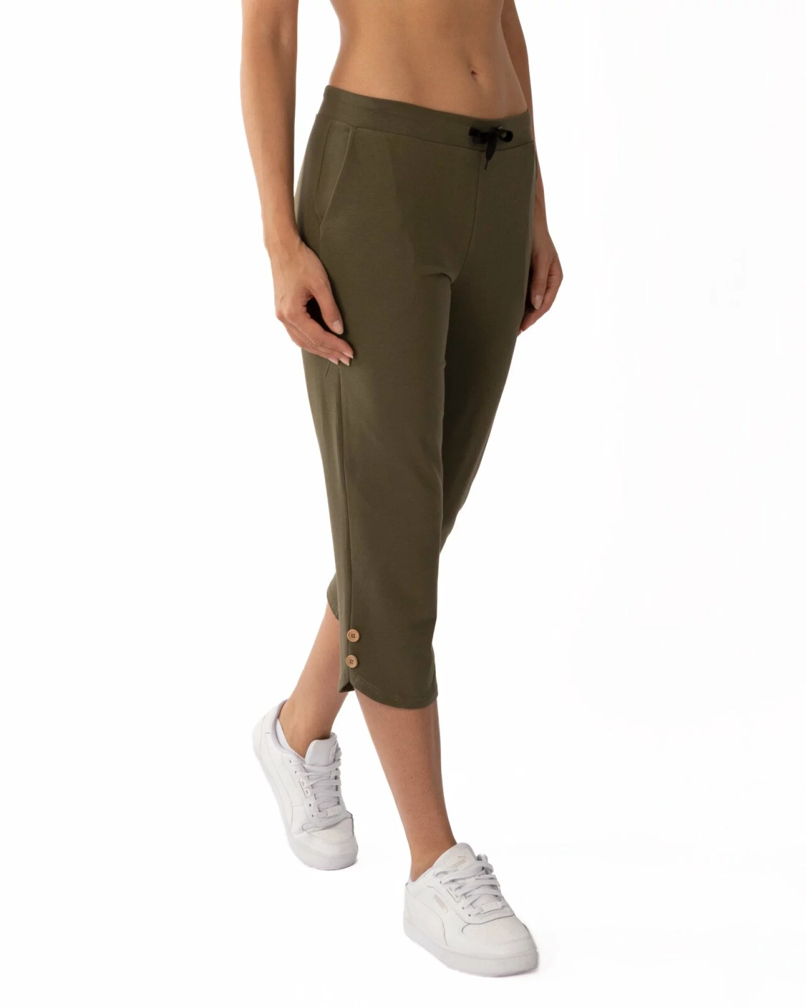 Pantaloni trei sferturi damă kaki cu șliț lateral P.2247