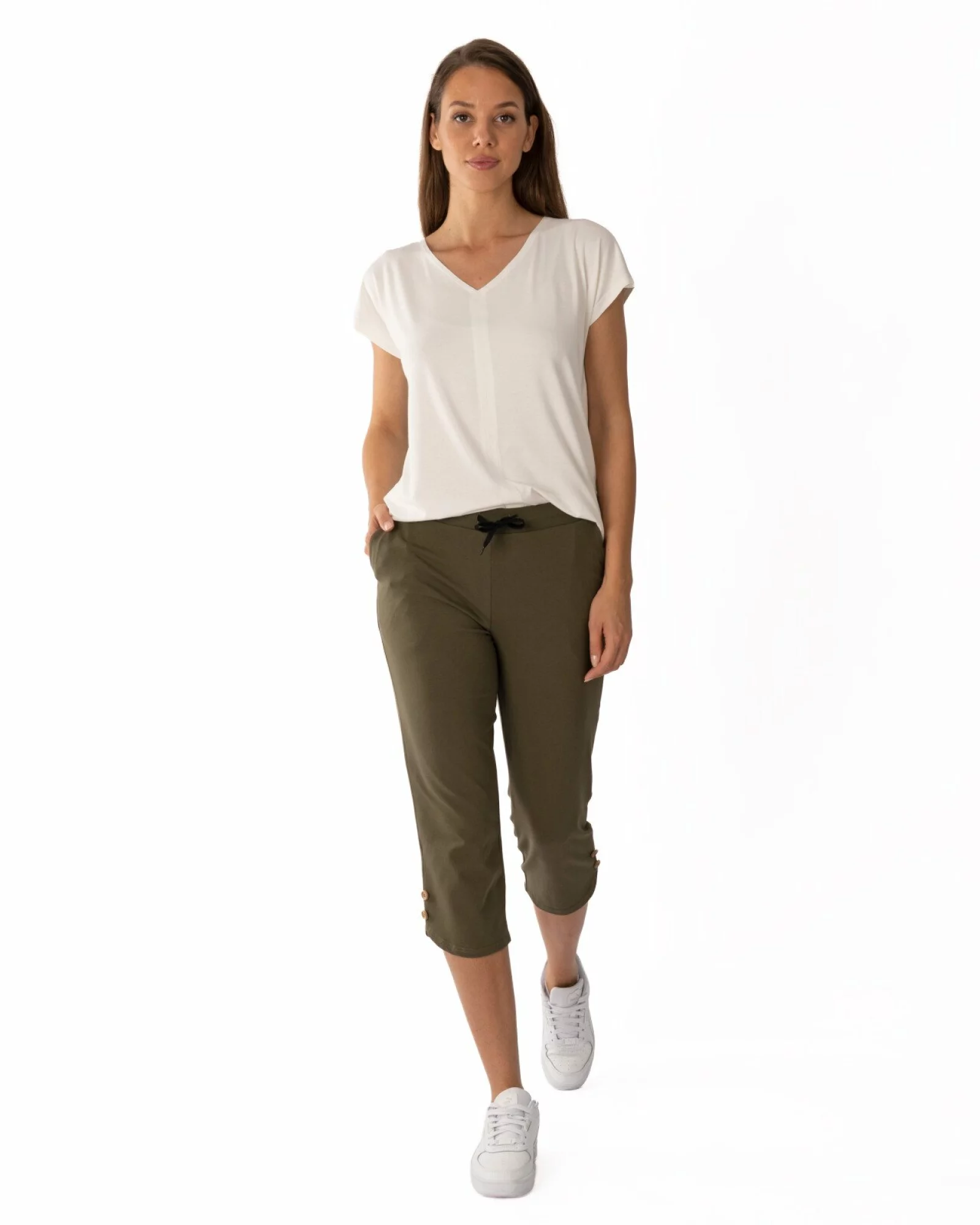 Pantaloni trei sferturi damă kaki cu șliț lateral P.2247