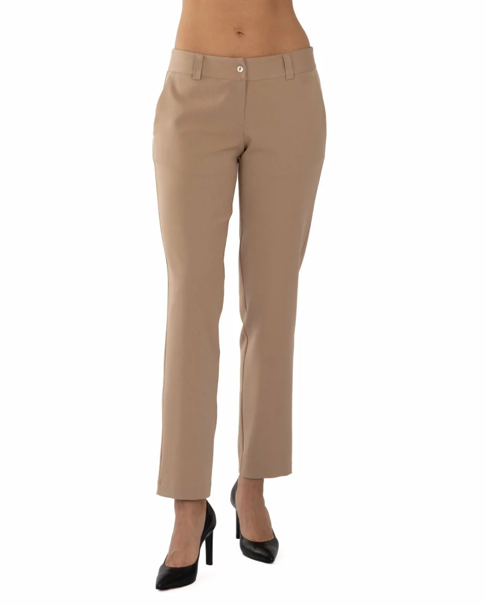 Pantaloni casual damă bej, conici, cu fermoar și nasture