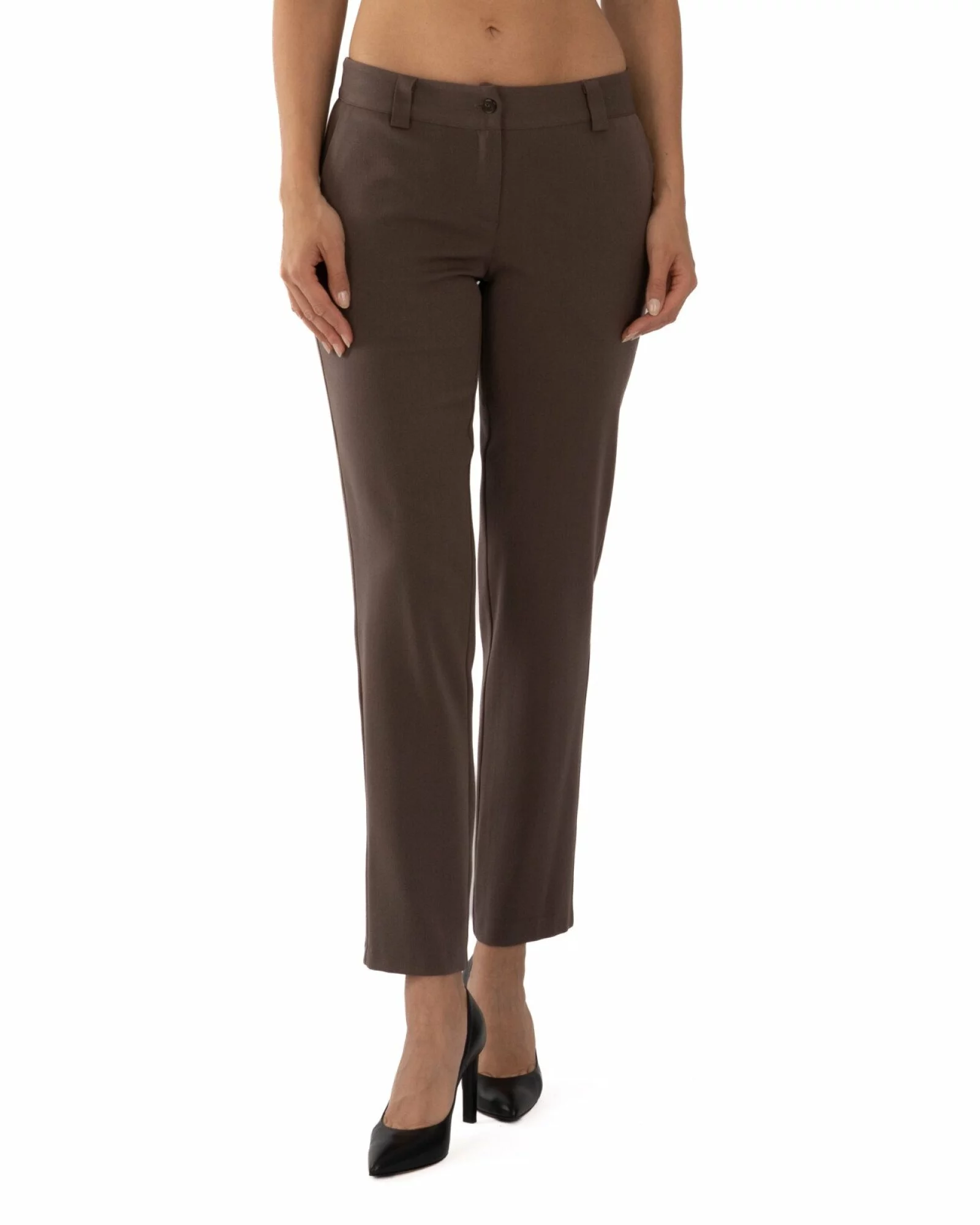 Pantaloni casual damă maro, conici, cu fermoar și nasture