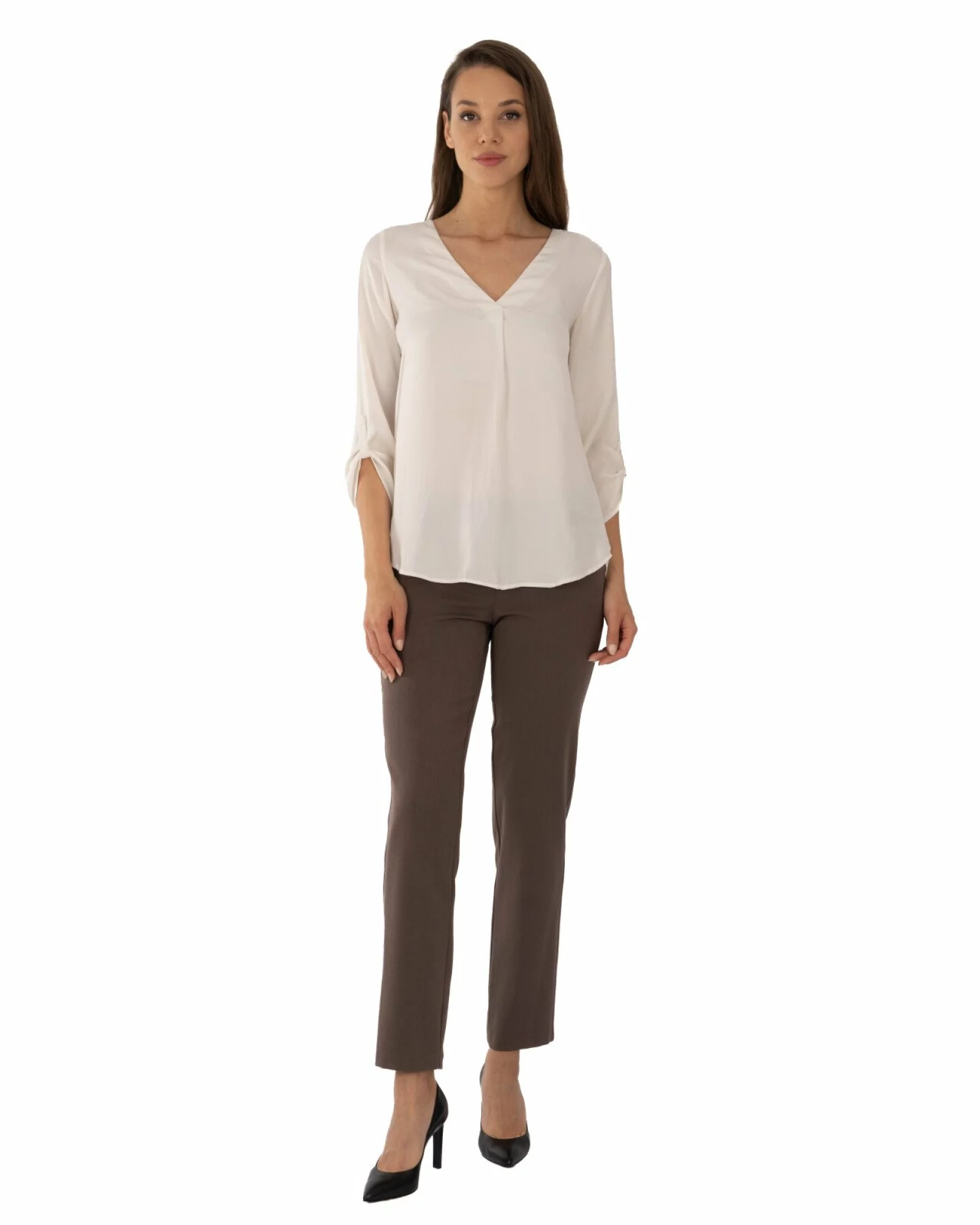 Pantaloni casual damă maro, conici, cu fermoar și nasture
