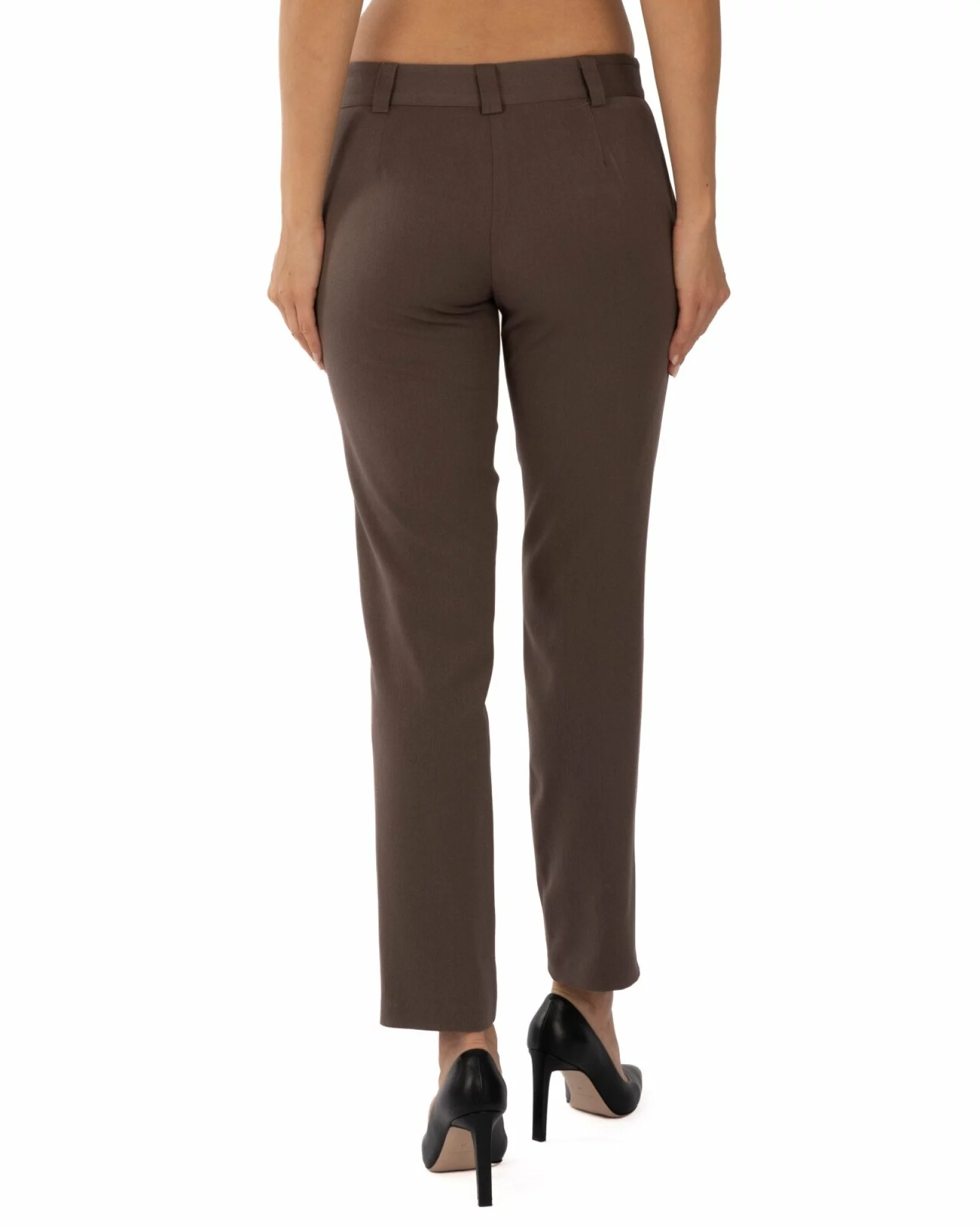 Pantaloni casual damă maro, conici, cu fermoar și nasture