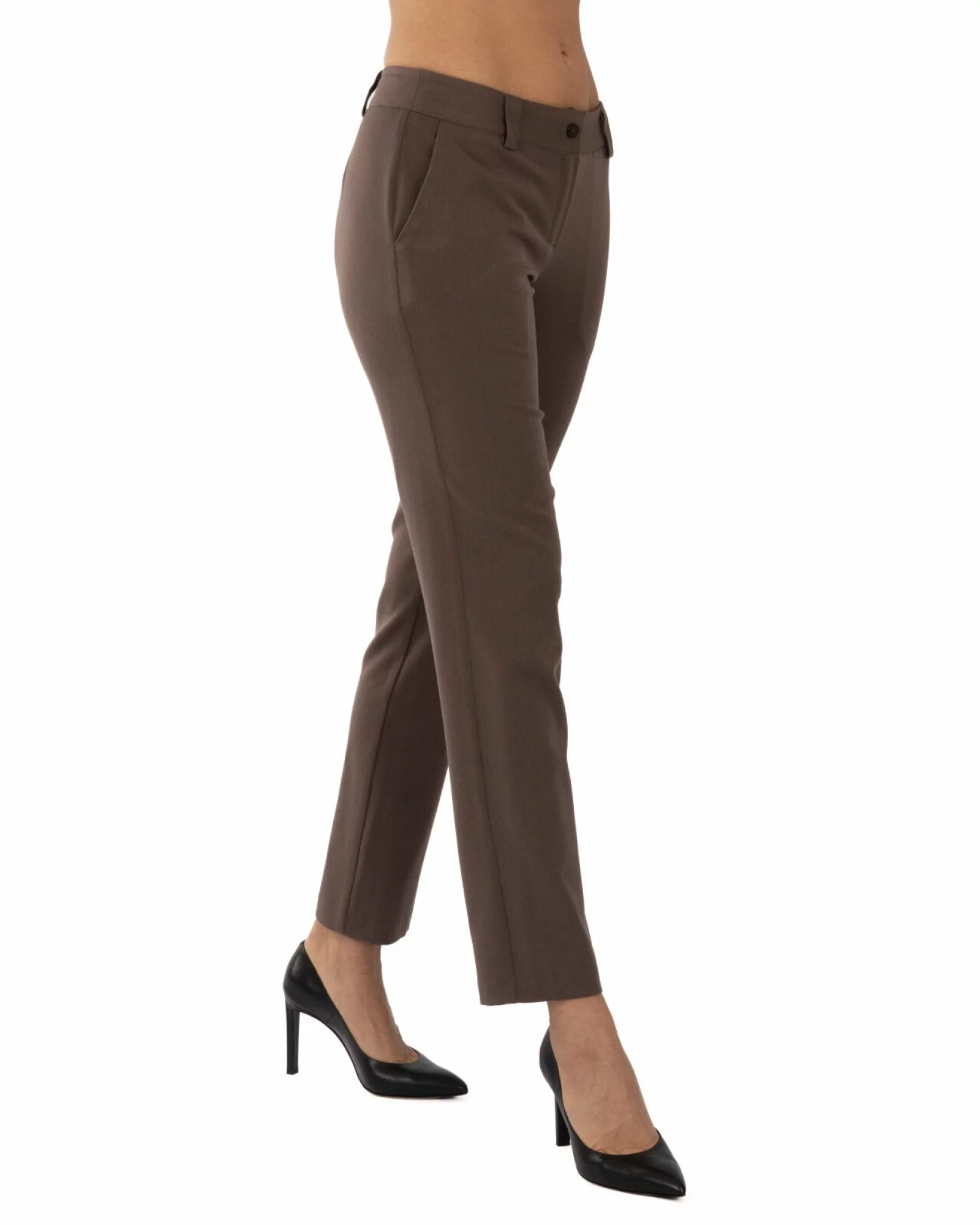 Pantaloni casual damă maro, conici, cu fermoar și nasture