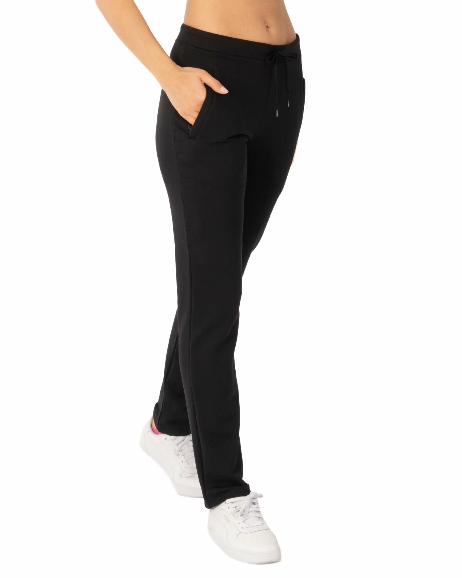 Pantaloni de trening damă conici, negri, pufoși, cu buzunare cu fermoar P.2237
