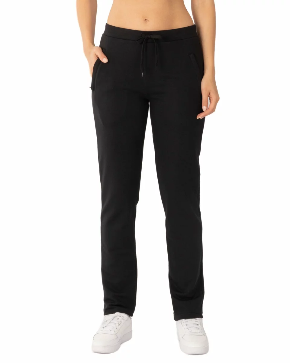 Pantaloni de trening damă negri conici, interior pufos și buzunare cu fermoar