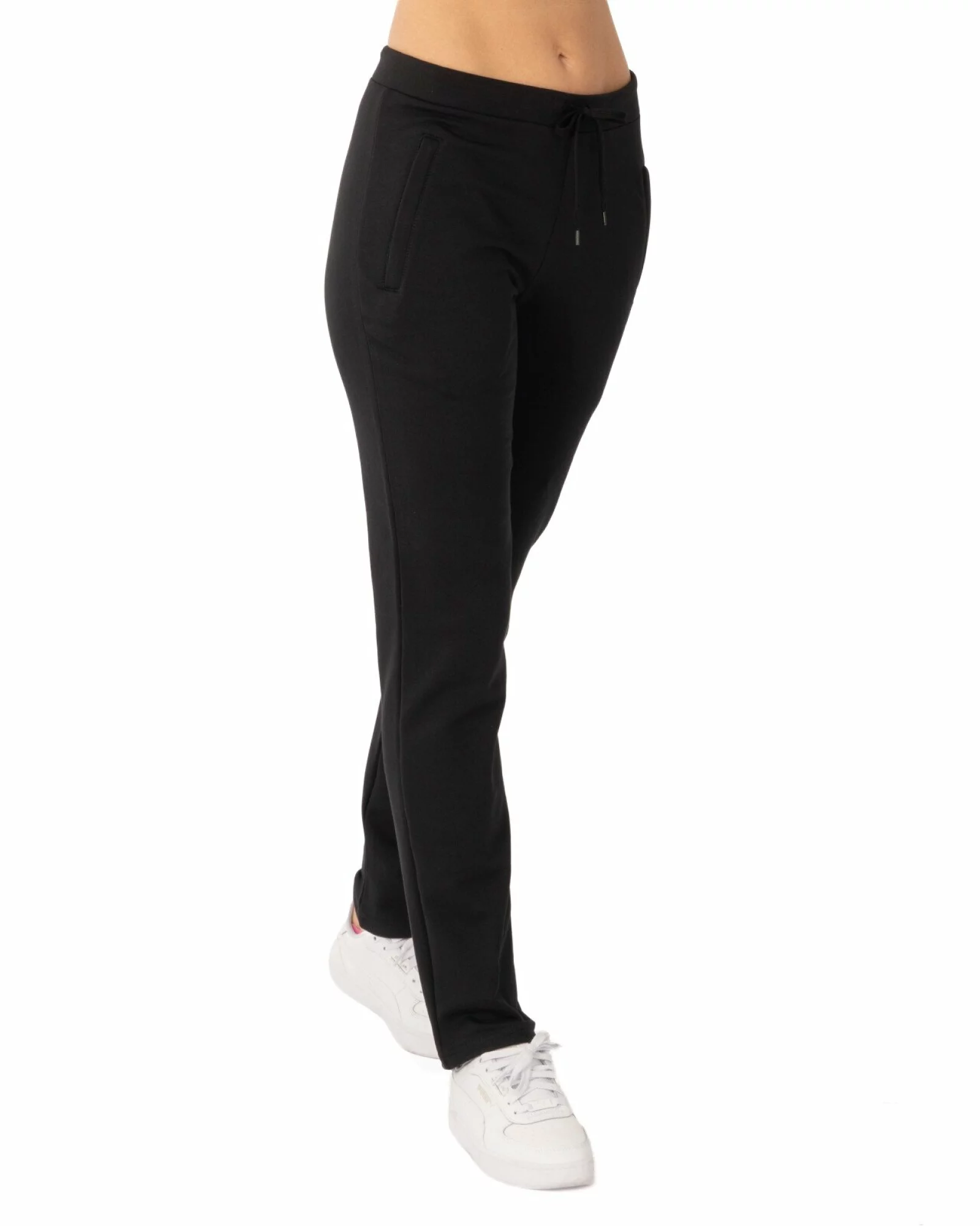 Pantaloni de trening damă conici, negri, pufoși, cu buzunare cu fermoar P.2237