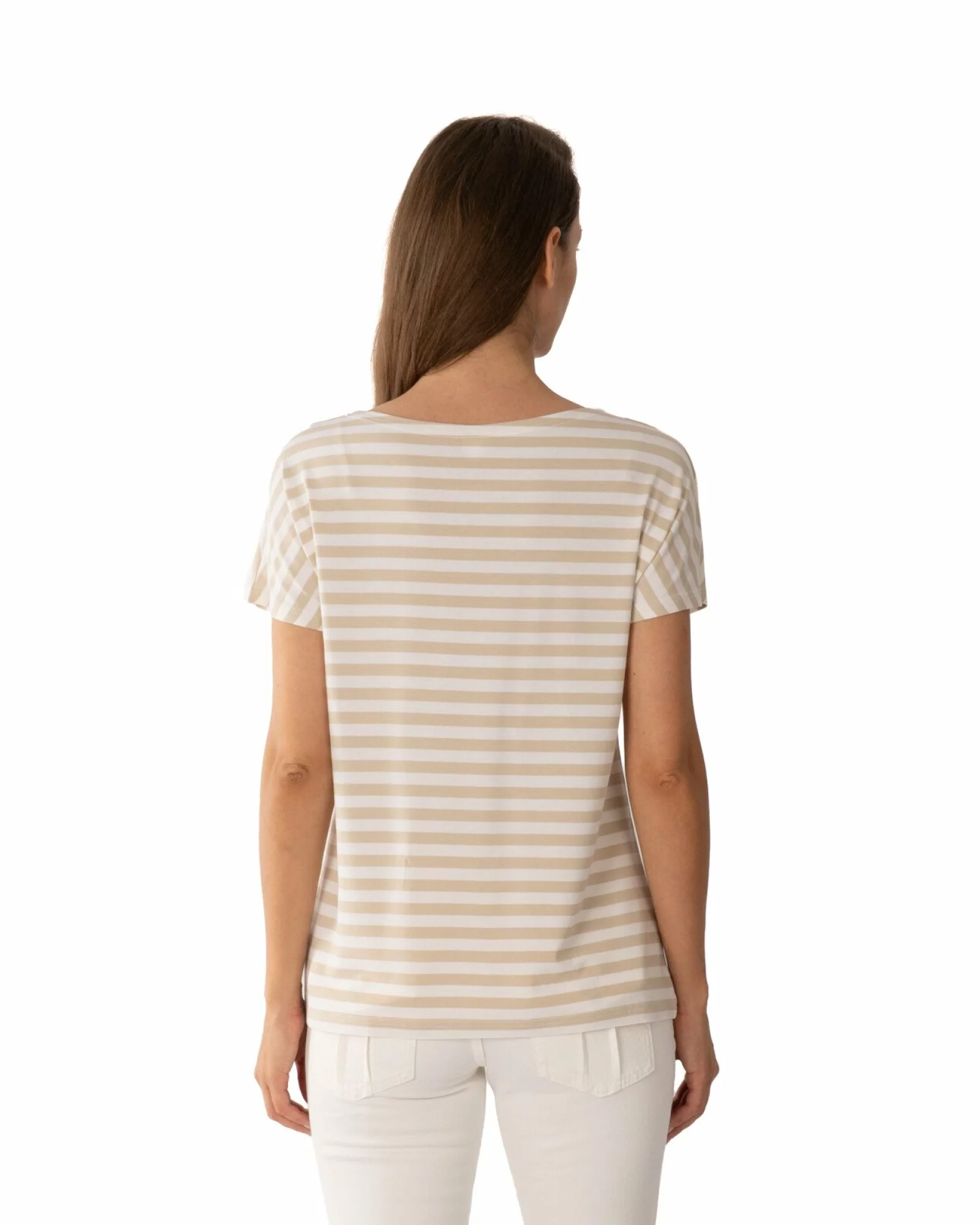 Tricou damă cu dungi alb-bej din vâscoză cu elastan, croi lejer