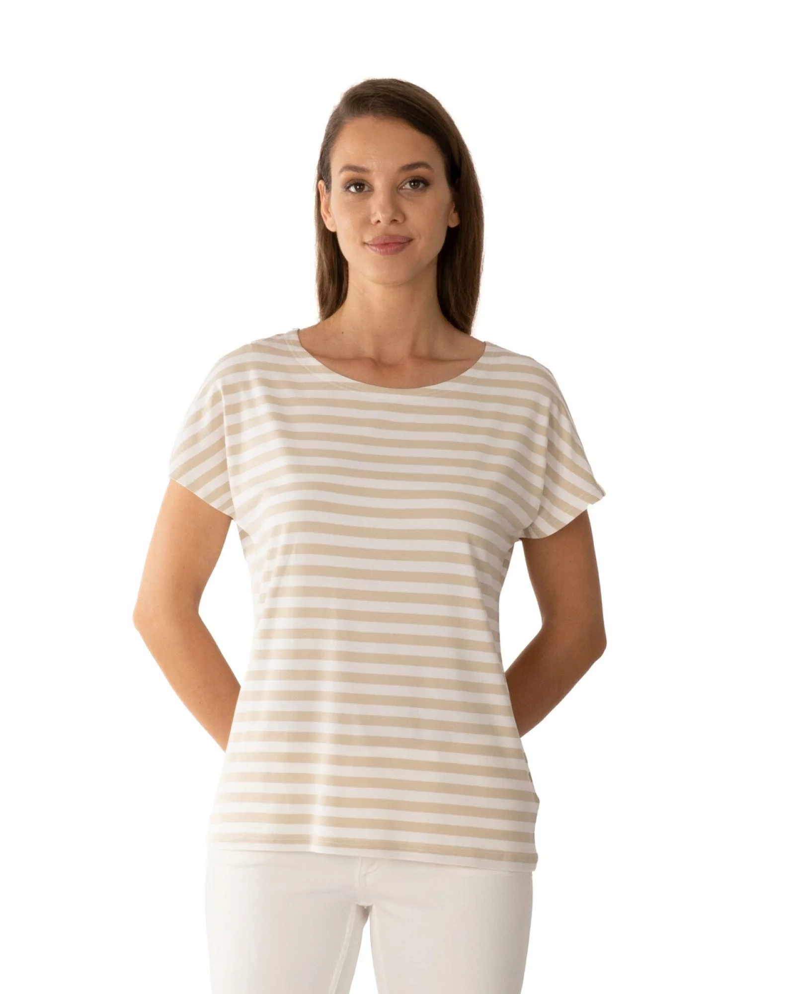 Tricou damă cu dungi alb-bej din vâscoză cu elastan, croi lejer