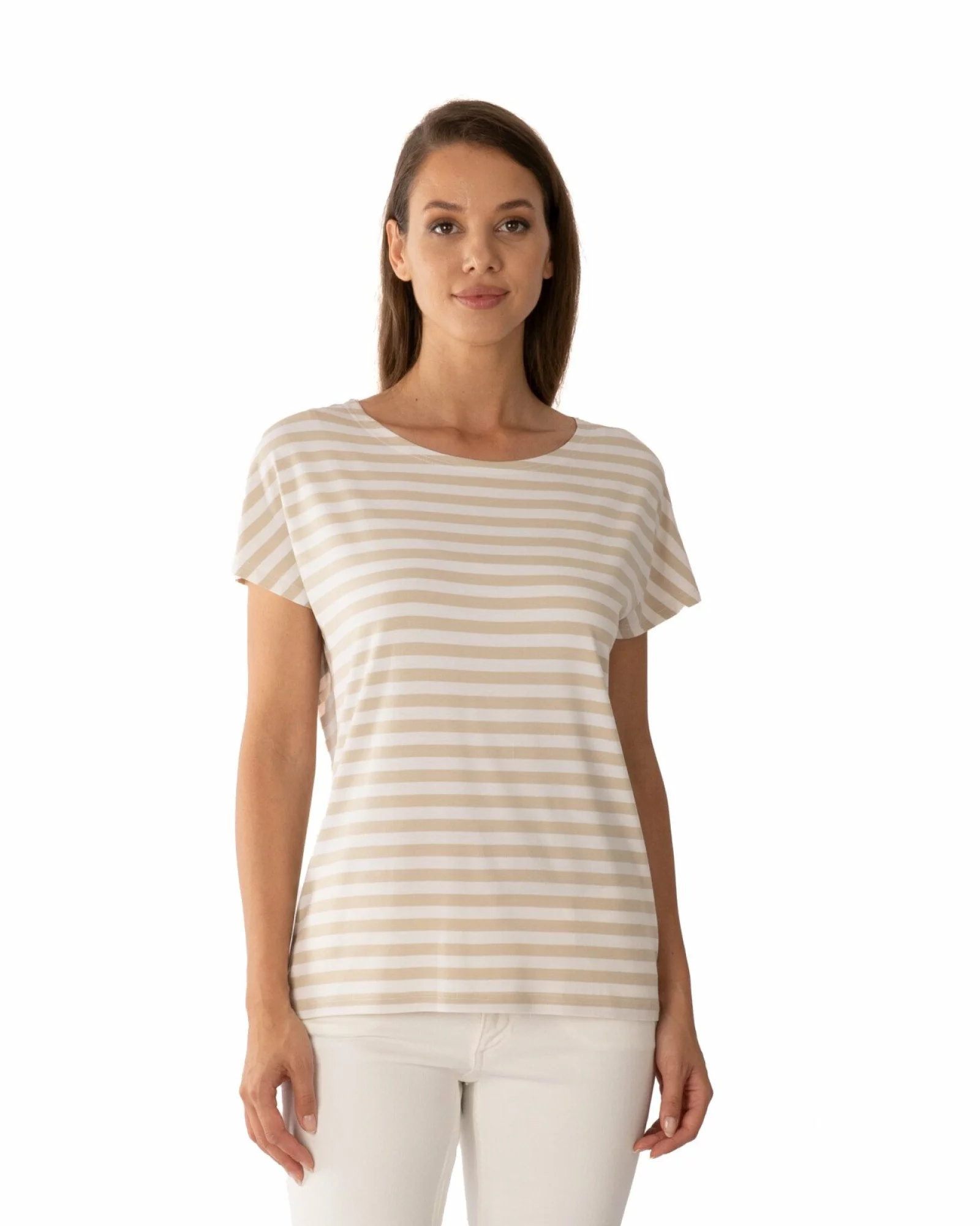 Tricou damă cu dungi alb-bej din vâscoză cu elastan, croi lejer