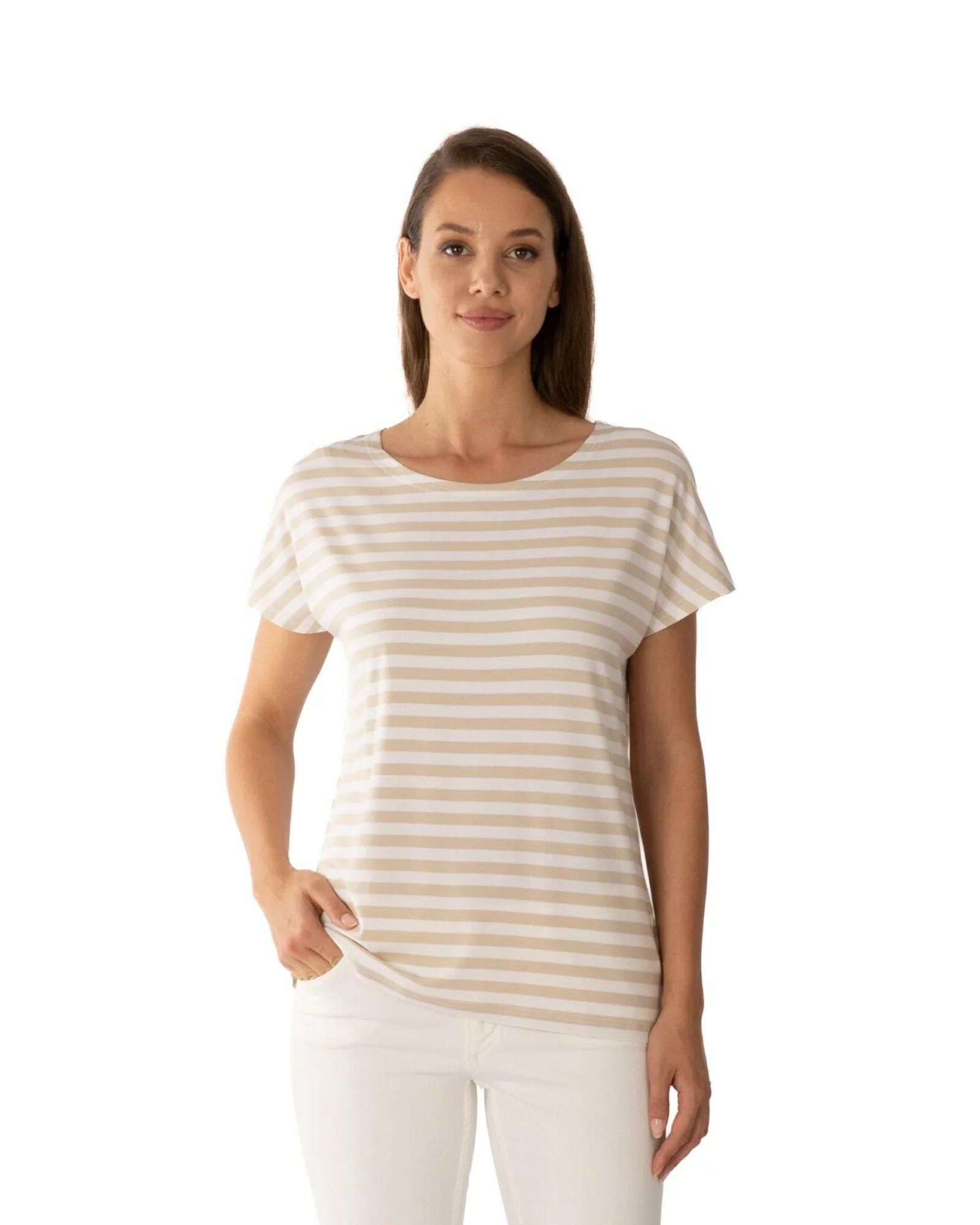 Tricou damă cu dungi alb-bej din vâscoză cu elastan, croi lejer