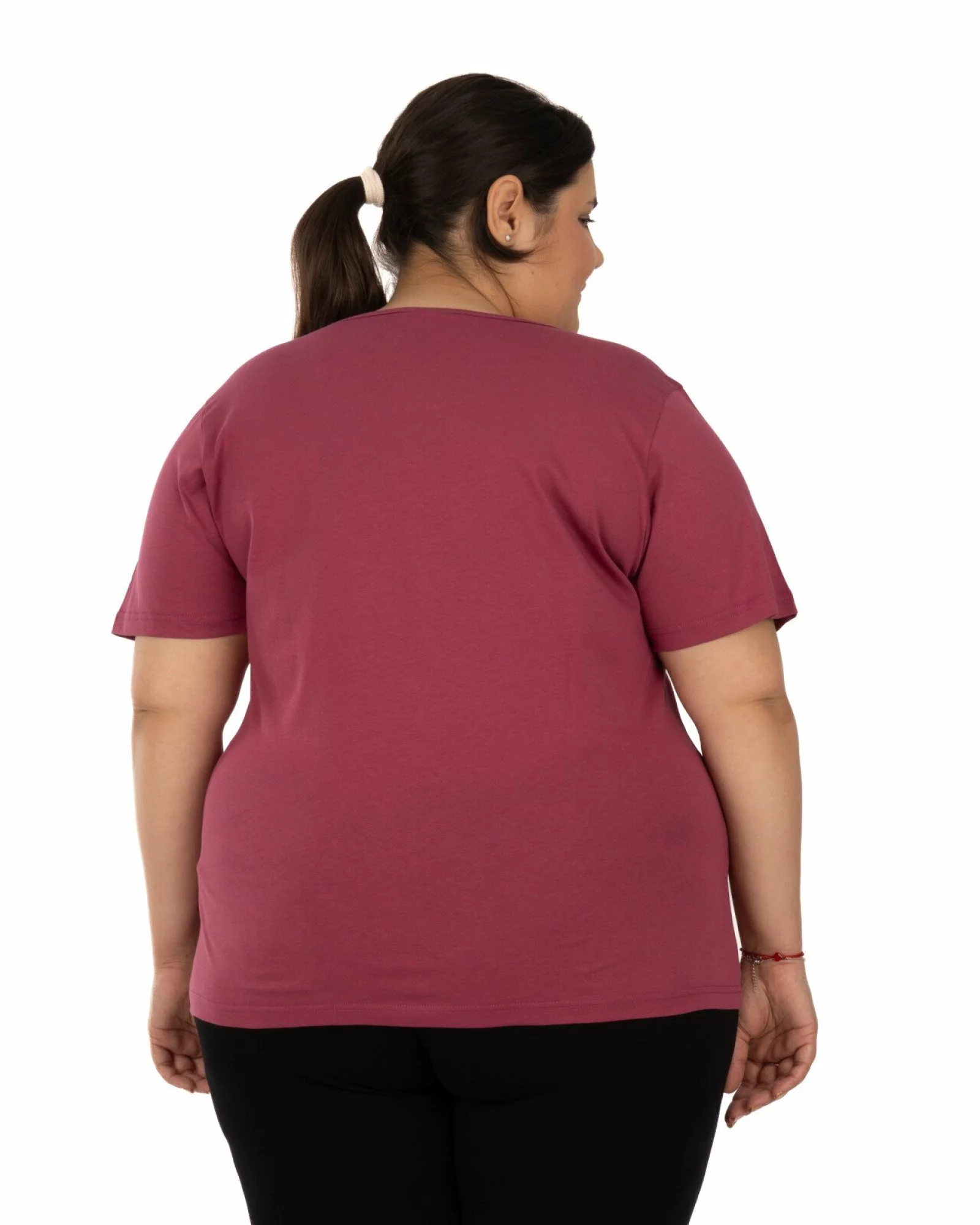 Tricou damă mărimi mari bordo pudrat din bumbac cu imprimeu la decolteu
