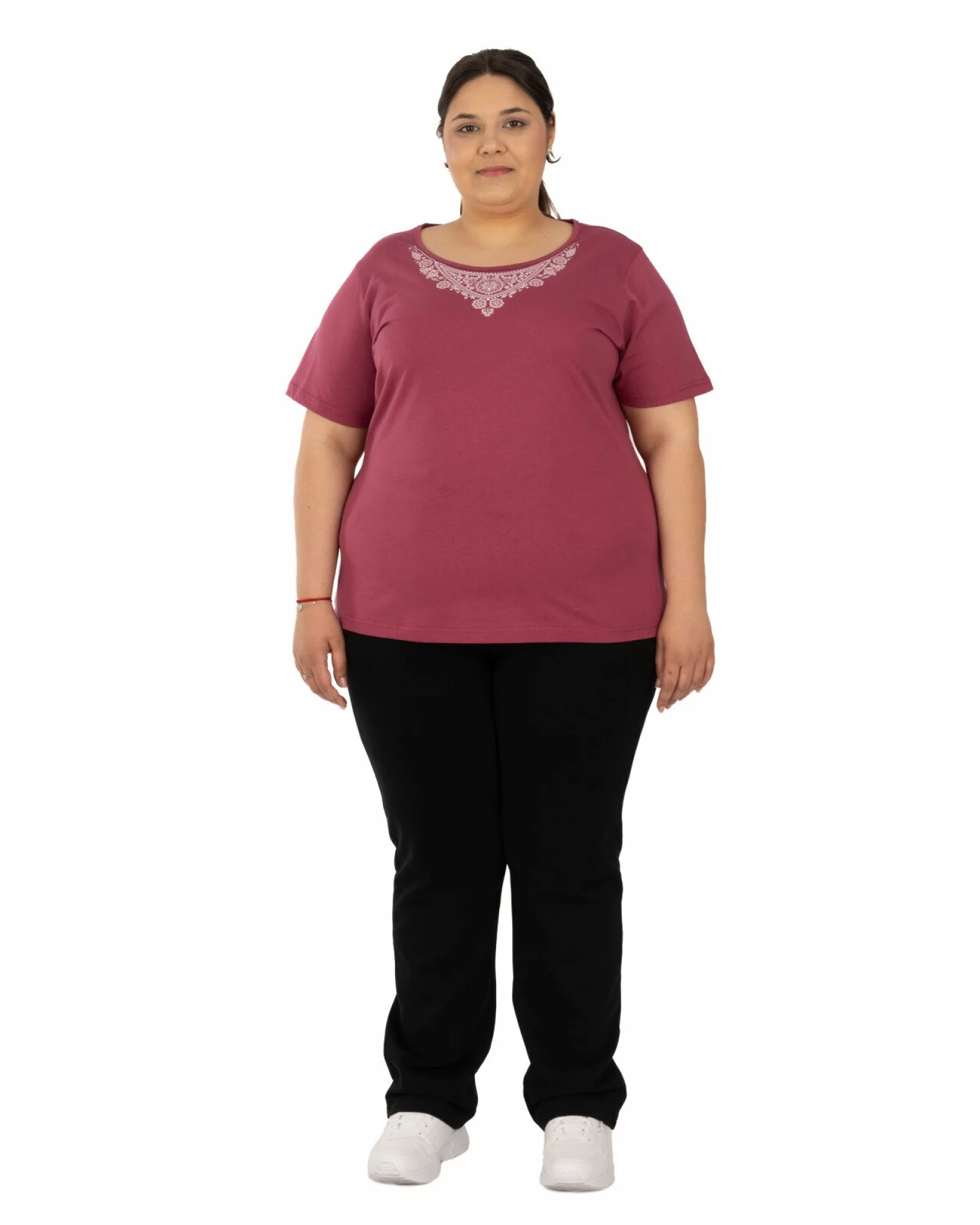 Tricou damă mărimi mari bordo pudrat din bumbac cu imprimeu la decolteu