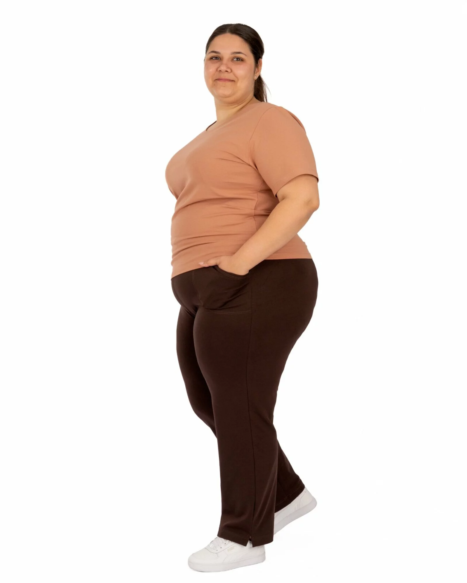 Pantaloni de vară damă mărimi mari maro 7/8 cu șliț P.2275