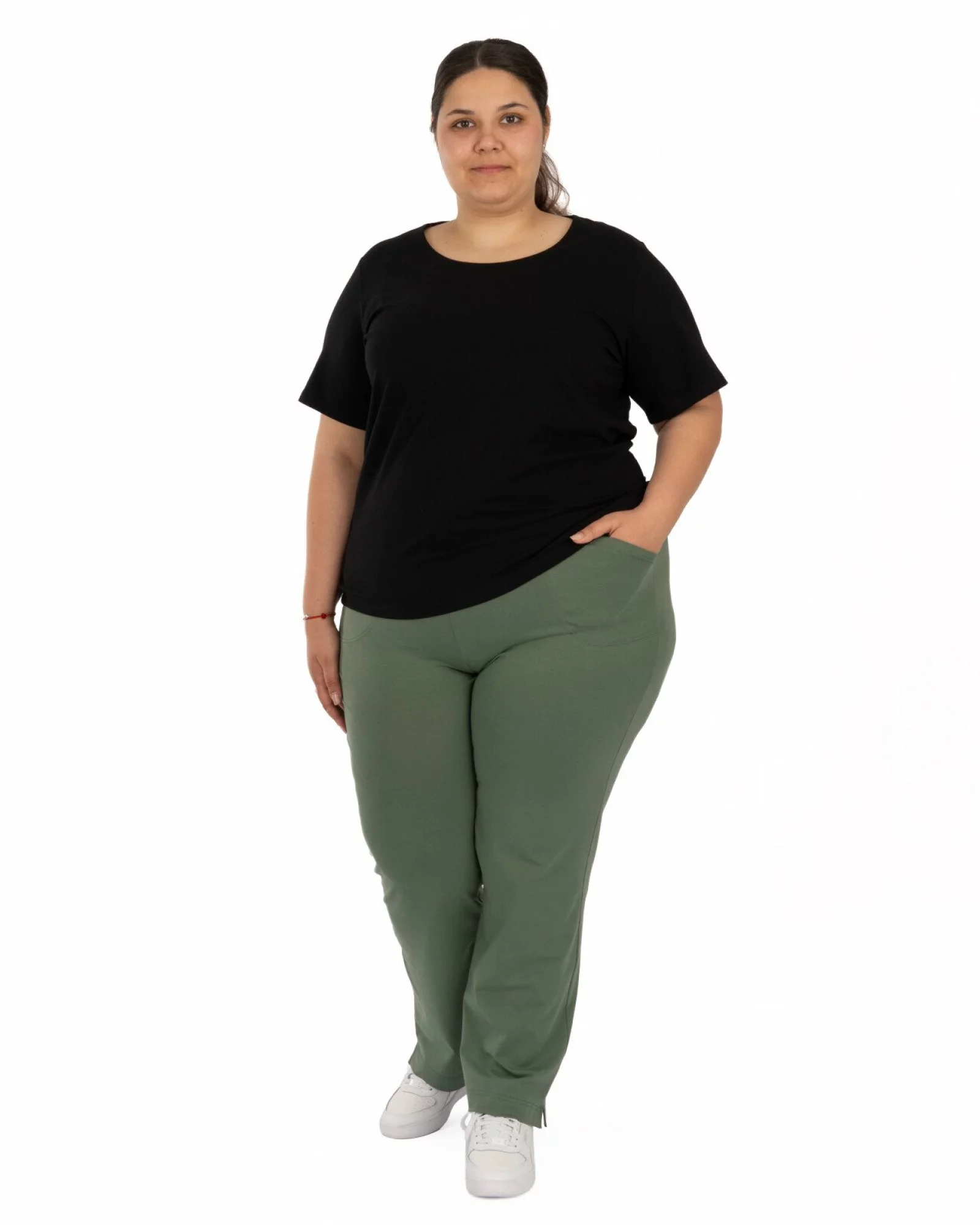 Pantaloni de vară damă mărimi mari oliv 7/8 cu șliț P.2275
