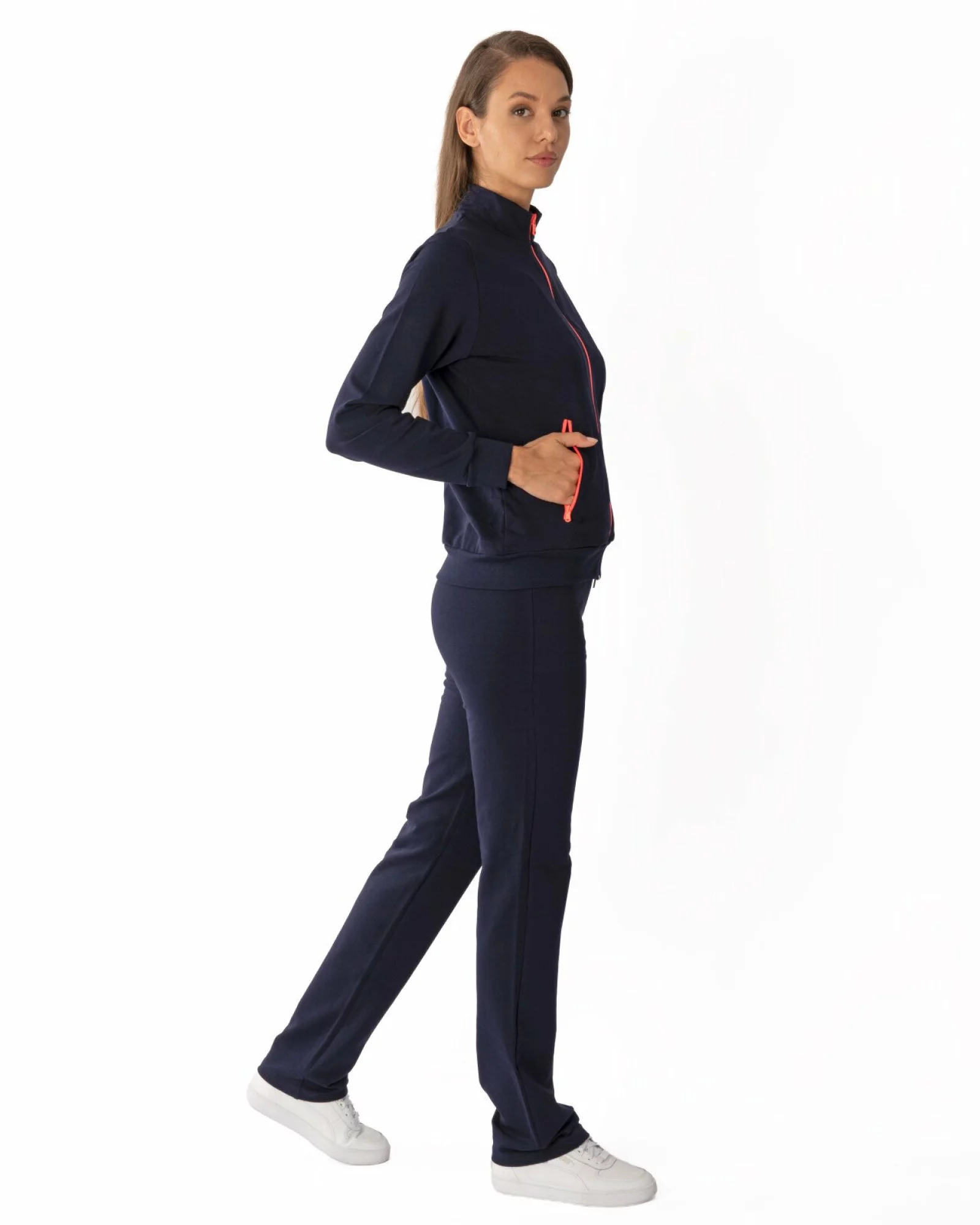 Trening damă bumbac bleumarin cu accente contrastante COM.2074
