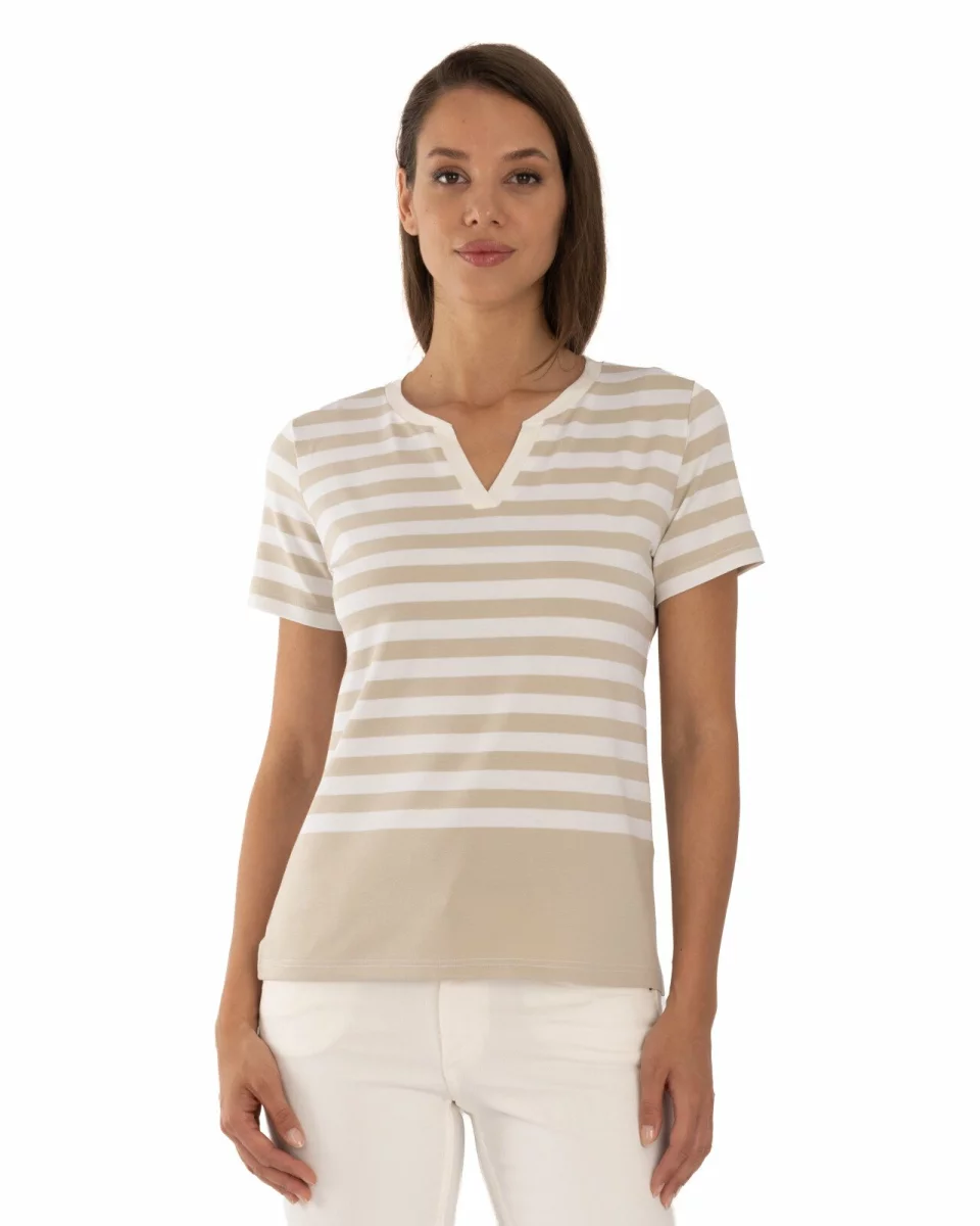 Tricou damă alb cu dungi crem din vâscoză cu elastan, decolteu cu deschidere în V