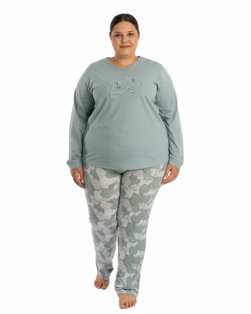 Pijama damă mărimi mari verde din bumbac cu decolteu V conturat