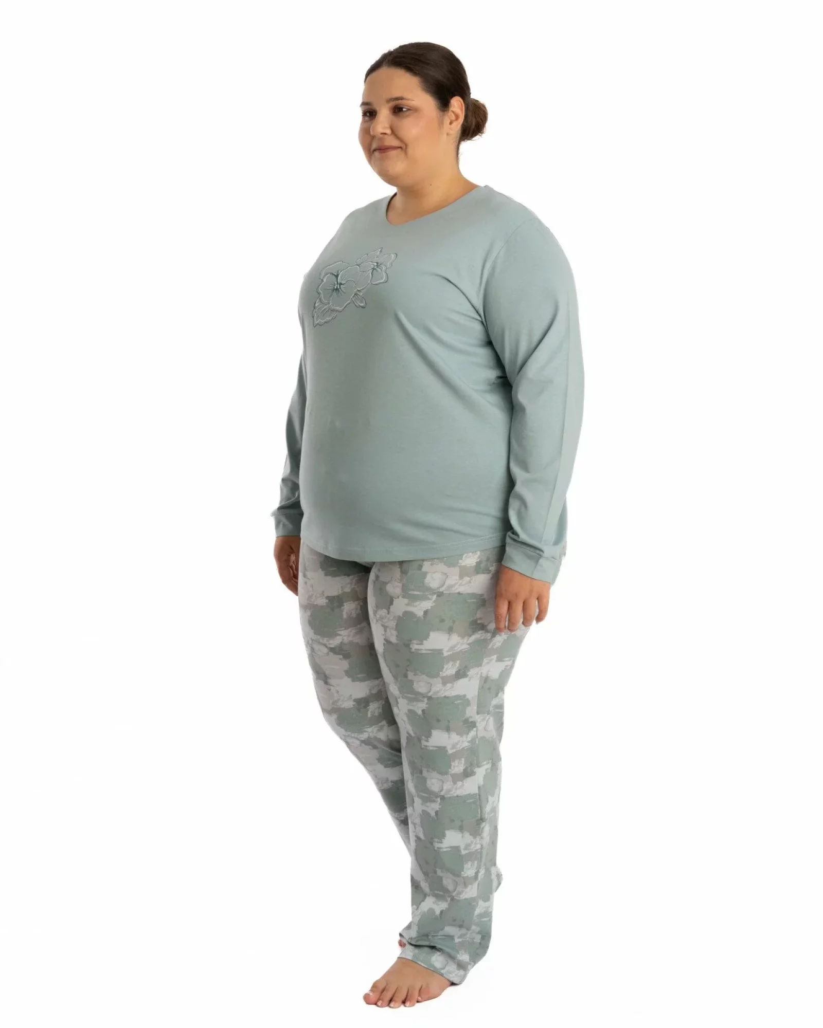 Pijama damă mărimi mari verde din bumbac cu decolteu V conturat