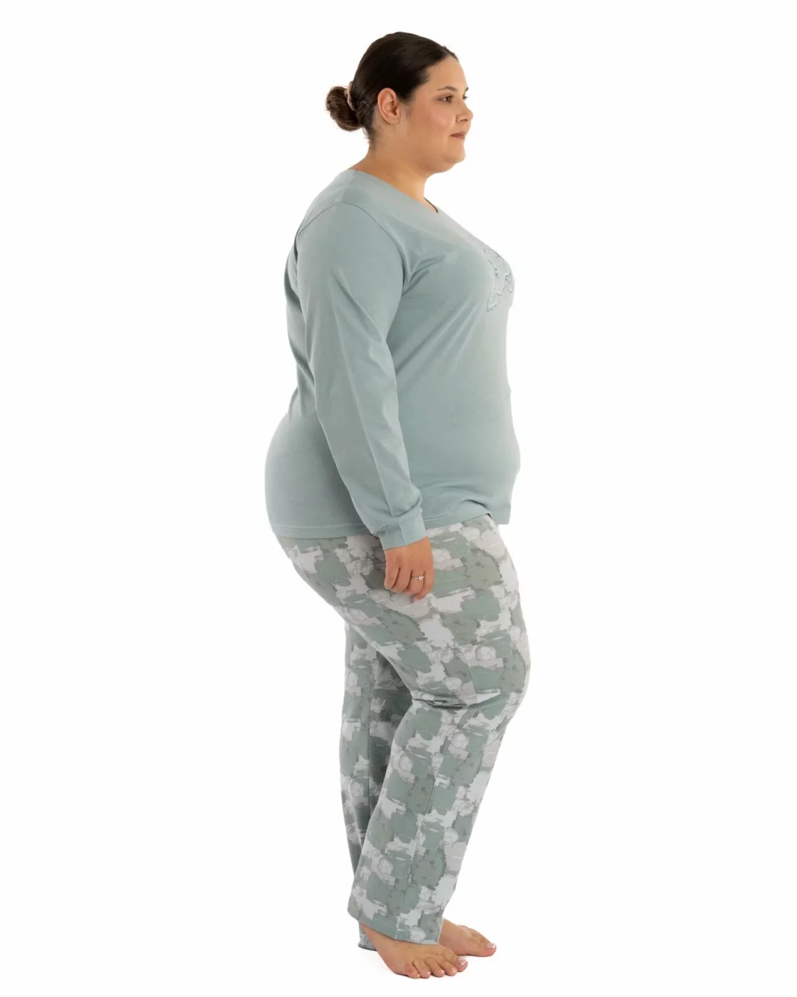 Pijama damă mărimi mari verde din bumbac cu decolteu V conturat