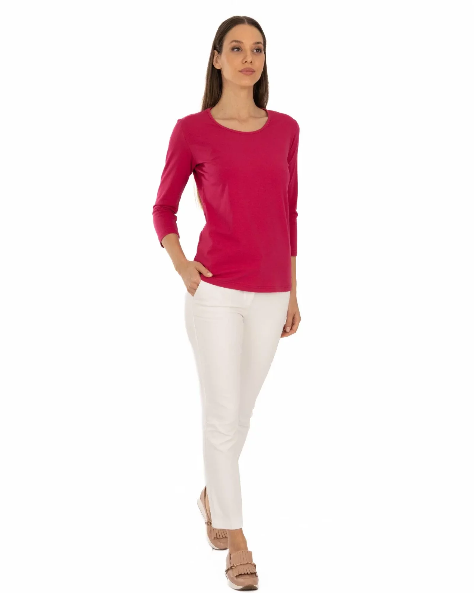Bluza damă bumbac rosie ciresiu mânecă 3/4